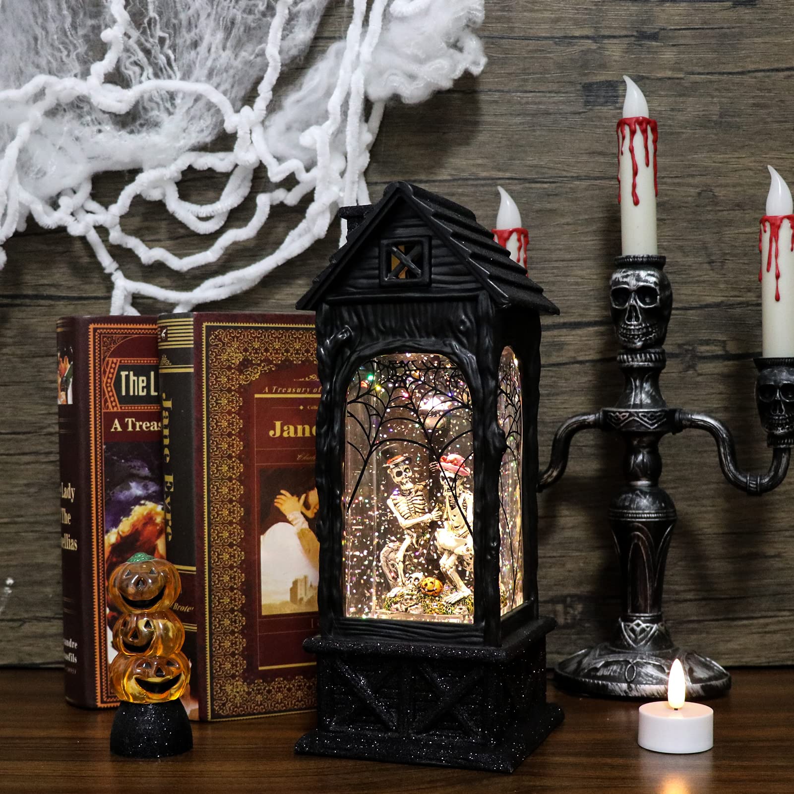 Eldnacele Halloween Ghost Projection Snow Globe Lantern with 6 - Hour Timer, Lighted Plug - in & Battery Operated Water Glittering Snowing Globe Lamp for Spooky Fall Halloween Indoor Decoration(Skeleton) - Halloween Happy