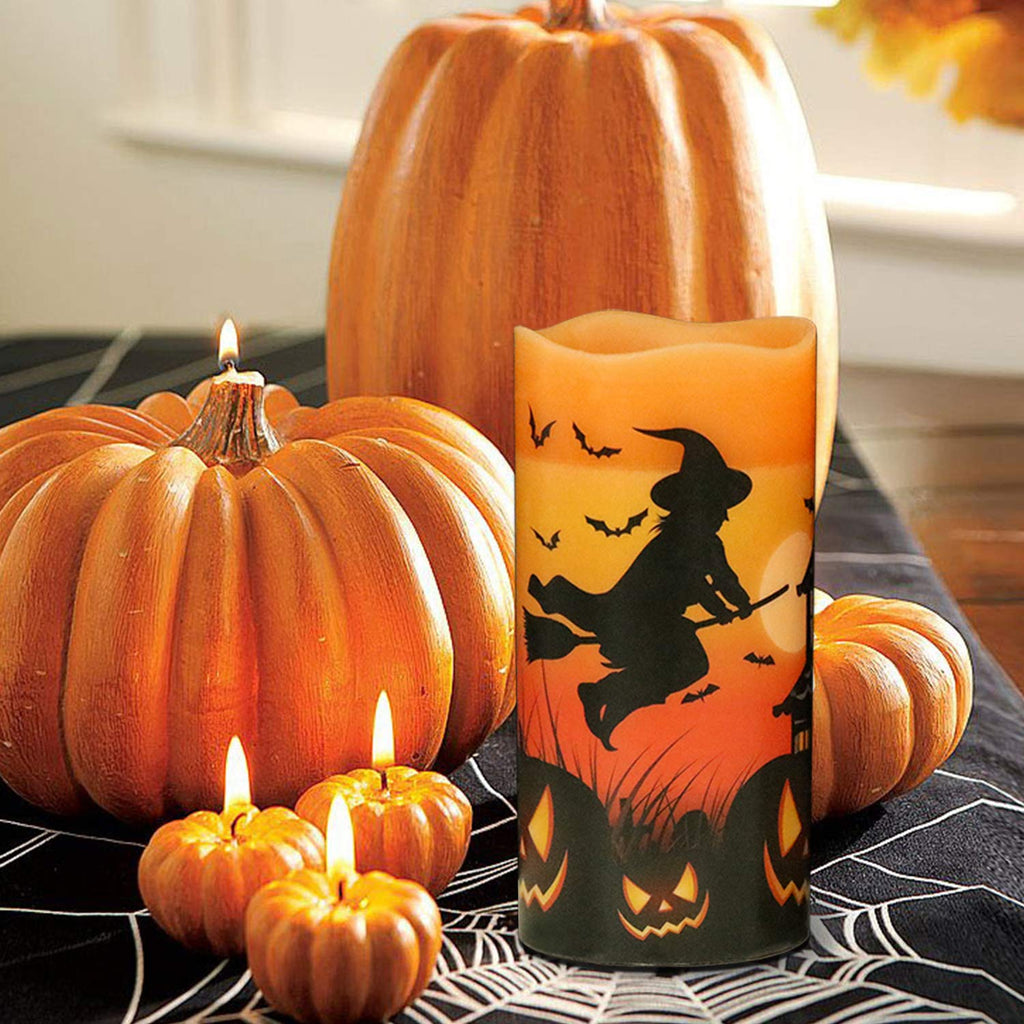 Eldnacele Halloween LED Flameless Flickering Candles Battery Operated with 6H Timer Skull Spider Web Crow Raven Spooky Decals Halloween Themed Indoor Decoration(3 Pack, D3 x H6) - Halloween Happy