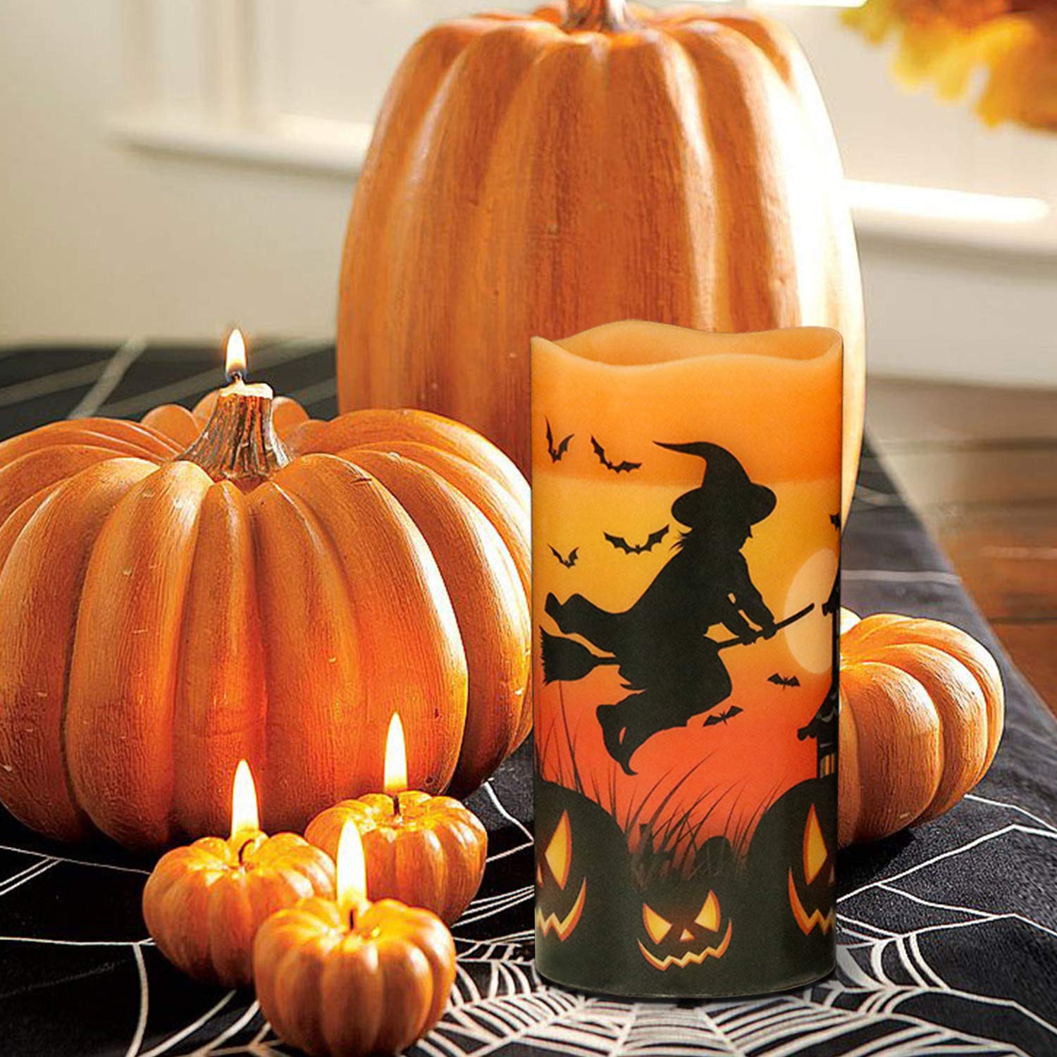 Eldnacele Halloween LED Flameless Flickering Candles Battery Operated with 6H Timer Skull Spider Web Crow Raven Spooky Decals Halloween Themed Indoor Decoration(3 Pack, D3 x H6) - Halloween Happy