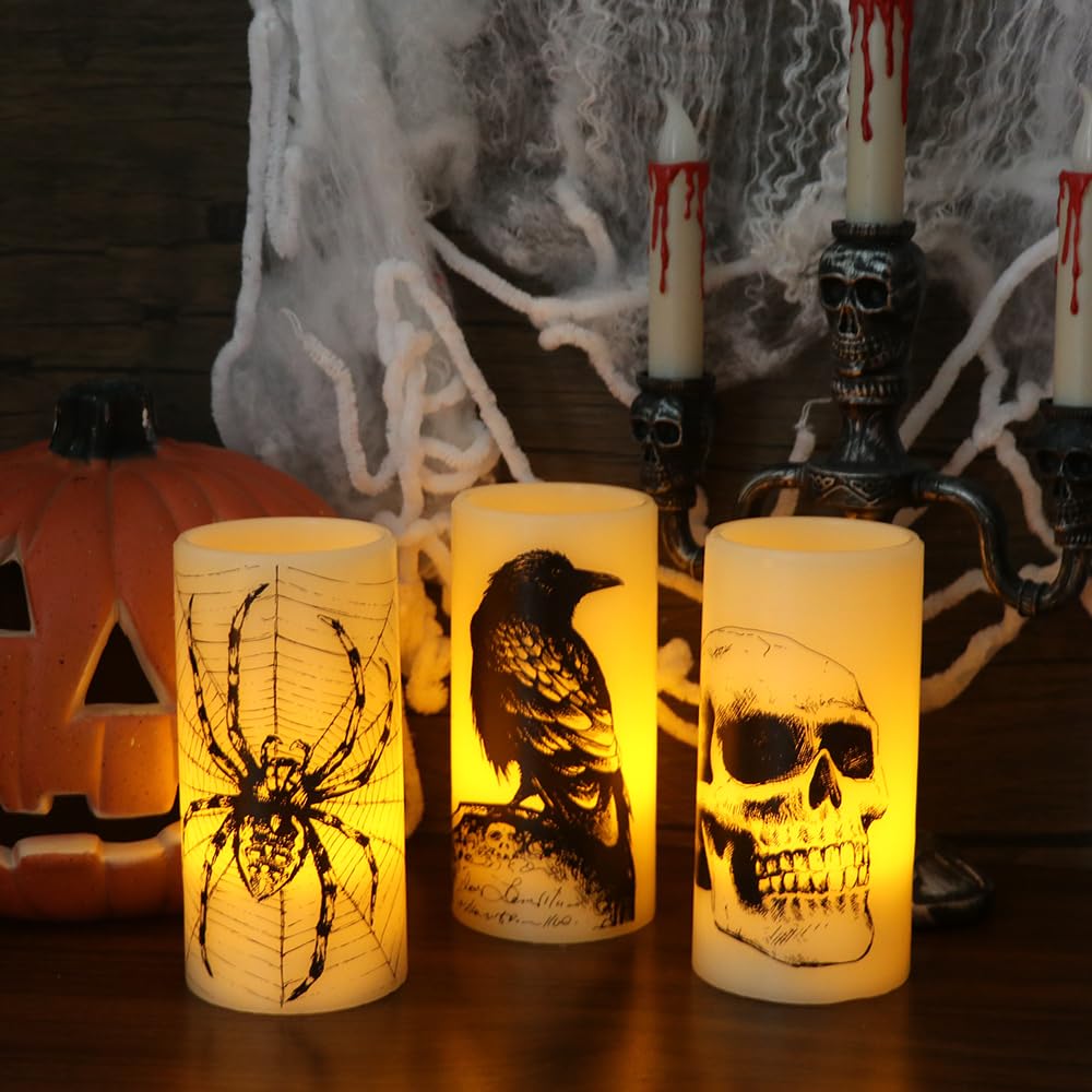 Eldnacele Halloween LED Flameless Flickering Candles Battery Operated with 6H Timer Skull Spider Web Crow Raven Spooky Decals Halloween Themed Indoor Decoration(3 Pack, D3 x H6) - Halloween Happy