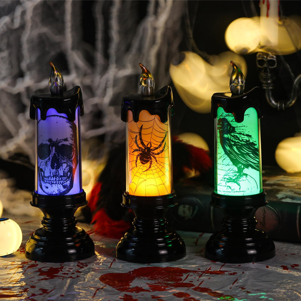 Eldnacele Halloween LED Flameless Flickering Candles Battery Operated with 6H Timer Skull Spider Web Crow Raven Spooky Decals Halloween Themed Indoor Decoration(3 Pack, D3 x H6) - Halloween Happy