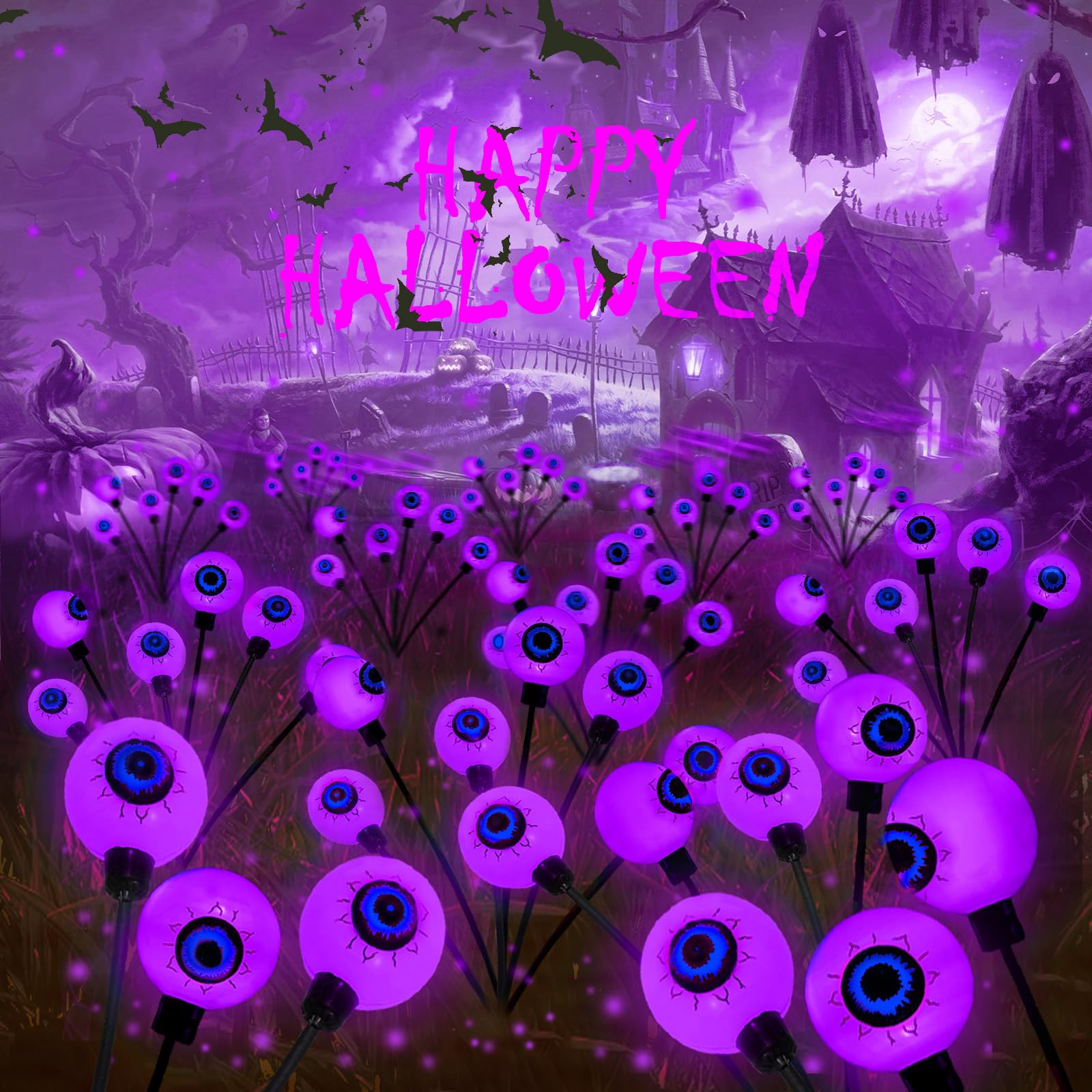 6 Pack Solar Eyeball Lights for Halloween Decorations Outdoor, 36 LED Green Eyeball Solar Halloween Lights, Waterproof Swaying Firefly Lights with 2 Modes for Pathway Patio Yard Lawn Garden Decor - Halloween Happy