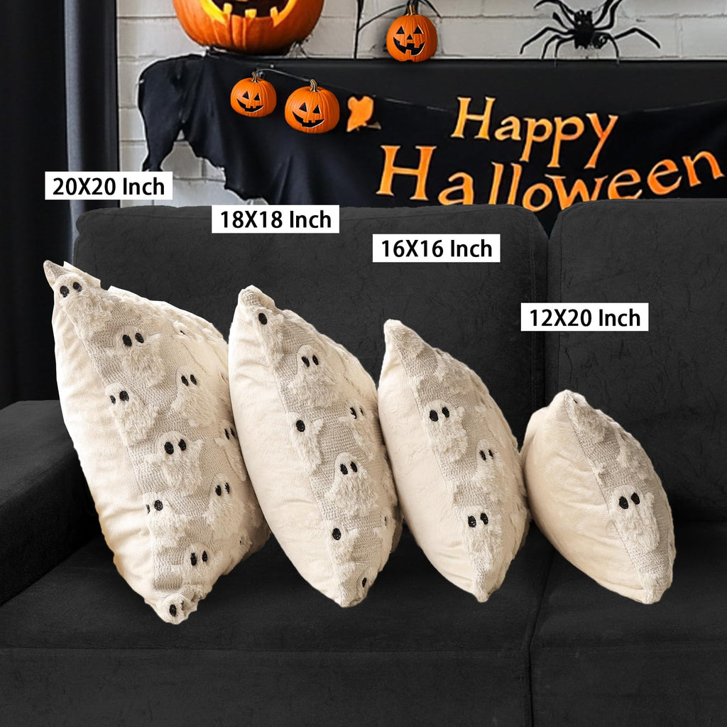 4TH Emotion Halloween Ghost Decorative Pillow Covers 18x18 Set of 2, White Soft Plush Faux Fur Farmhouse Throw Cushion Cases for Fall Autumn Holiday Home Decorations - Halloween Happy