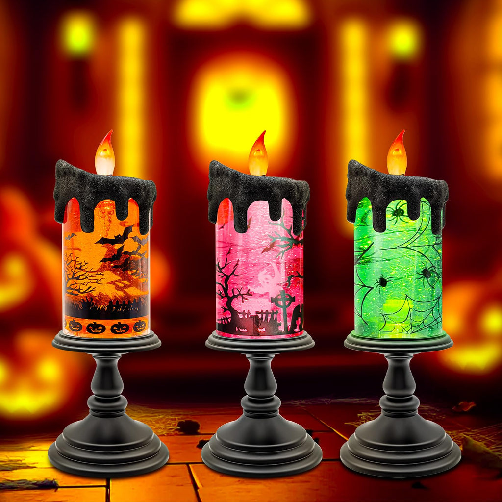Halloween Snow Globe Flameless Candle – Lighted Halloween Glitter Lantern with Spinning Water and Timer, Pumpkin & Bat Scene Halloween Decor for Home, Party, Table Centerpiece - Halloween Happy