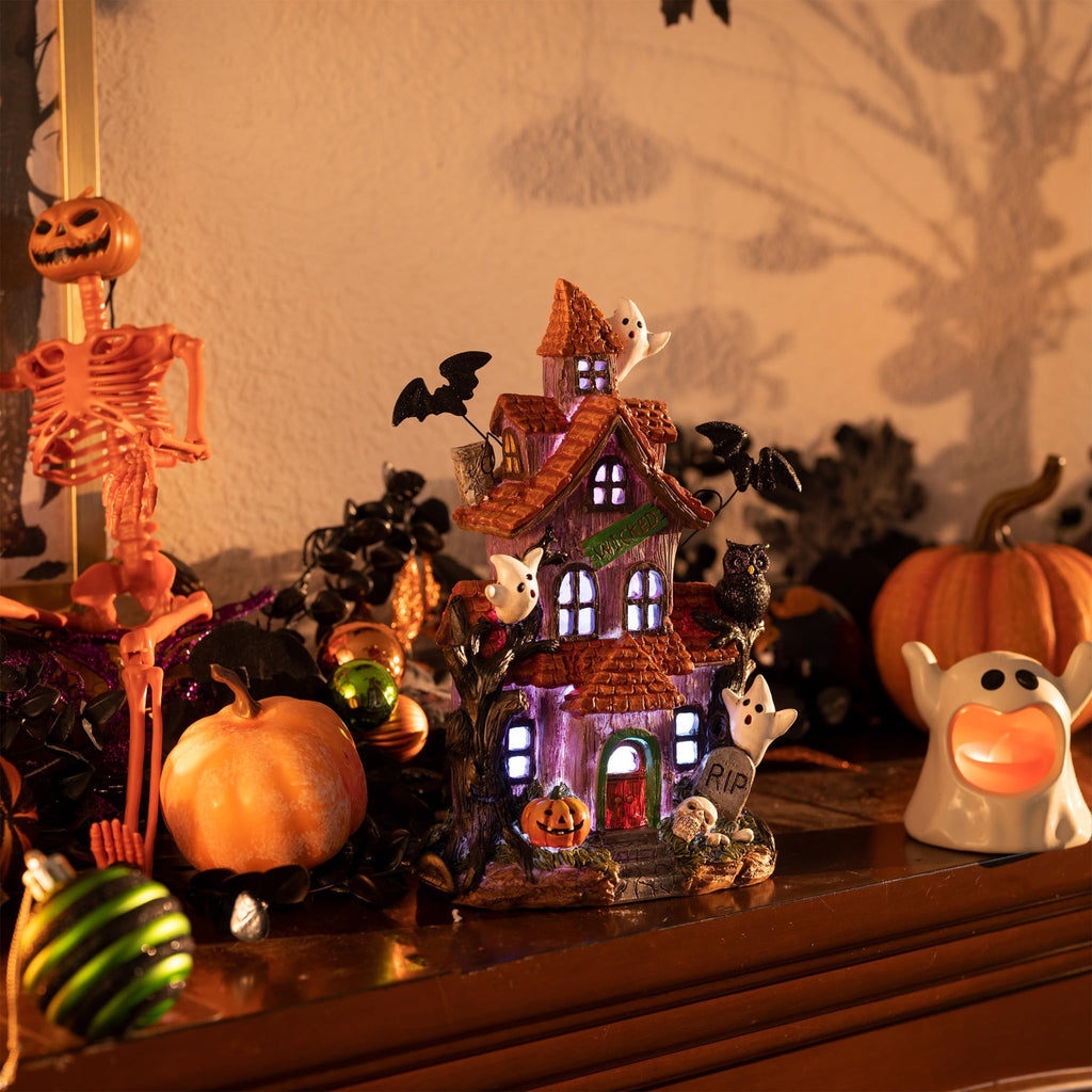Valery Madelyn Halloween Decorations, Lighted Halloween Village Houses with LED Lights, Resin Spooky Town Happy Haunted House for Home and Party Table Desk Mantel, 9 Inch - Halloween Happy