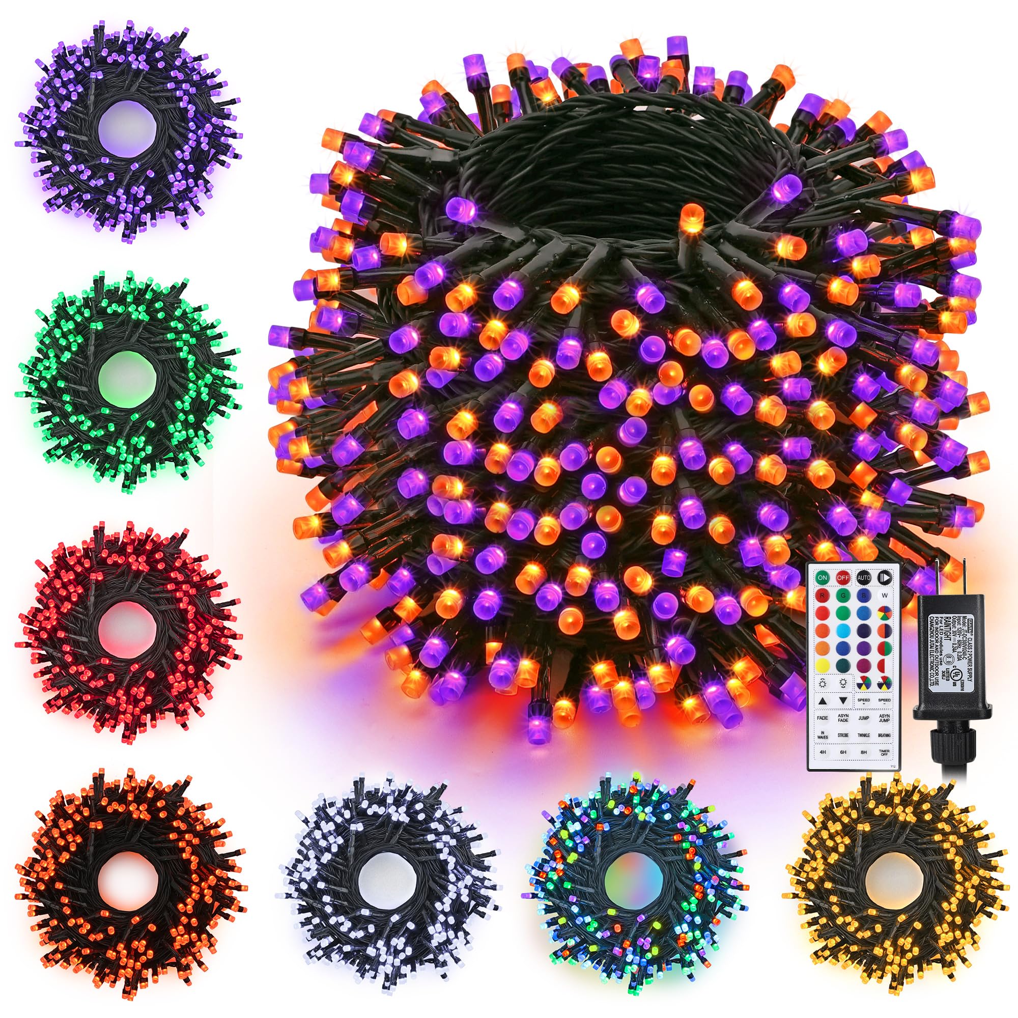 Toodour Halloween Lights RGB String Lights, 115ft 350 LED Orange Purple Halloween Light String with Remote & Timer, Color Changing Twinkle Tree Light for Home Party Holiday Indoor Outdoor Decorations - Halloween Happy