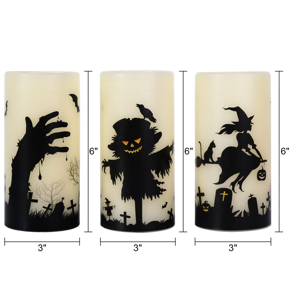 Eldnacele Halloween LED Flameless Flickering Candles Battery Operated with 6H Timer Skull Spider Web Crow Raven Spooky Decals Halloween Themed Indoor Decoration(3 Pack, D3 x H6) - Halloween Happy