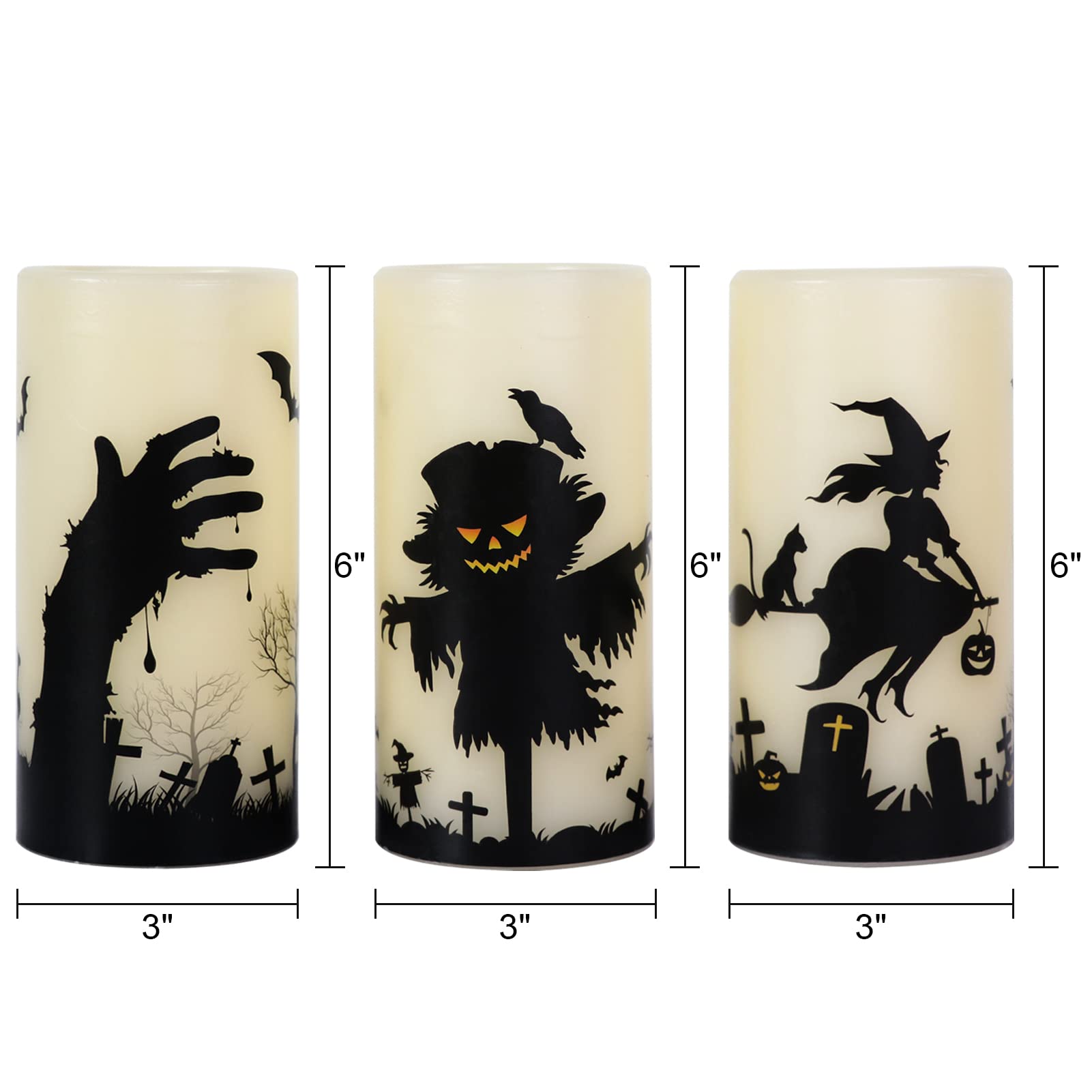 Eldnacele Halloween LED Flameless Flickering Candles Battery Operated with 6H Timer Skull Spider Web Crow Raven Spooky Decals Halloween Themed Indoor Decoration(3 Pack, D3 x H6) - Halloween Happy