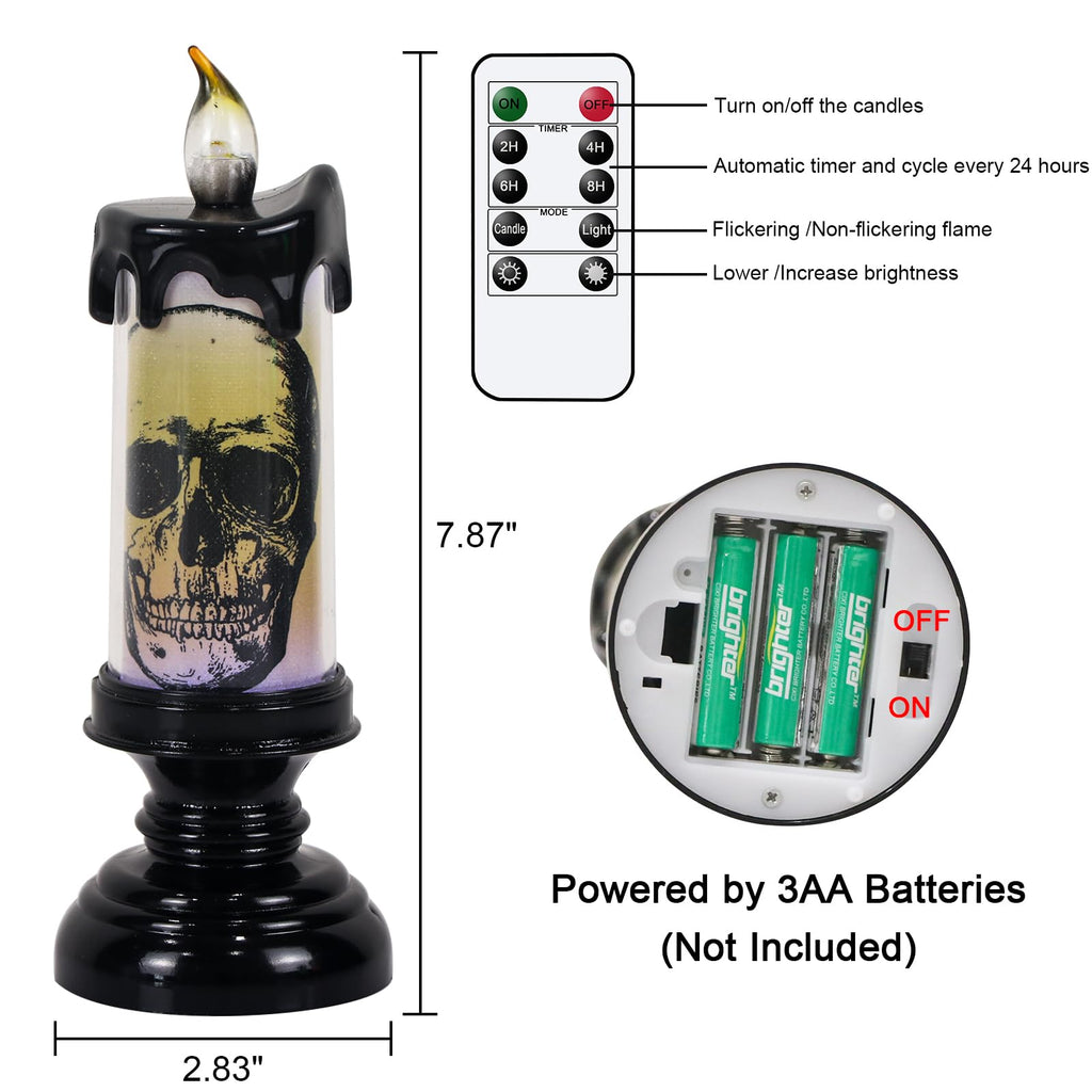 Eldnacele Halloween LED Flameless Flickering Candles Battery Operated with 6H Timer Skull Spider Web Crow Raven Spooky Decals Halloween Themed Indoor Decoration(3 Pack, D3 x H6) - Halloween Happy
