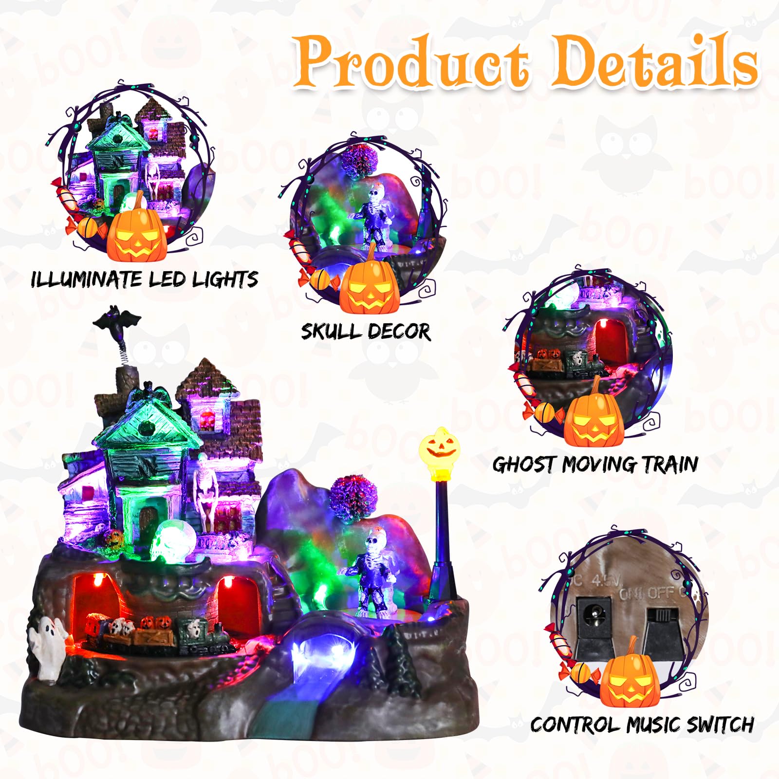 Halloween Village Houses Decorations, Lighted Haunted House with Animated Train and Scary Music, Resin Spooky Skull Village Collections for Holiday Party Table Indoor Home Decor - Halloween Happy