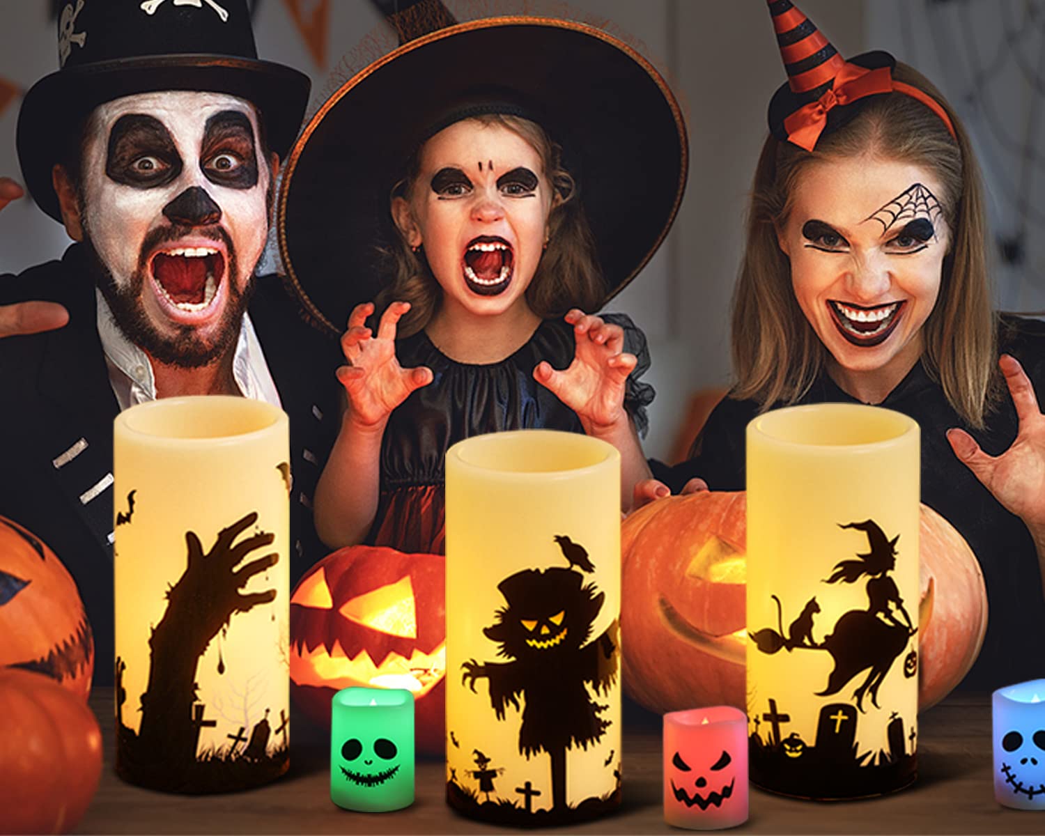 Eldnacele Halloween LED Flameless Flickering Candles Battery Operated with 6H Timer Skull Spider Web Crow Raven Spooky Decals Halloween Themed Indoor Decoration(3 Pack, D3 x H6) - Halloween Happy