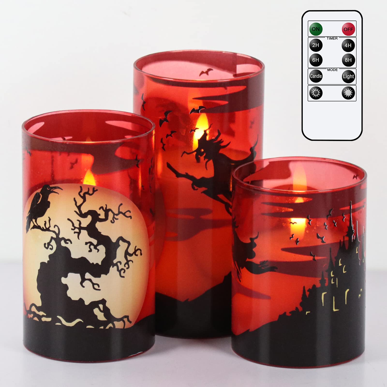 Eldnacele Halloween LED Flameless Flickering Candles Battery Operated with 6H Timer Skull Spider Web Crow Raven Spooky Decals Halloween Themed Indoor Decoration(3 Pack, D3 x H6) - Halloween Happy