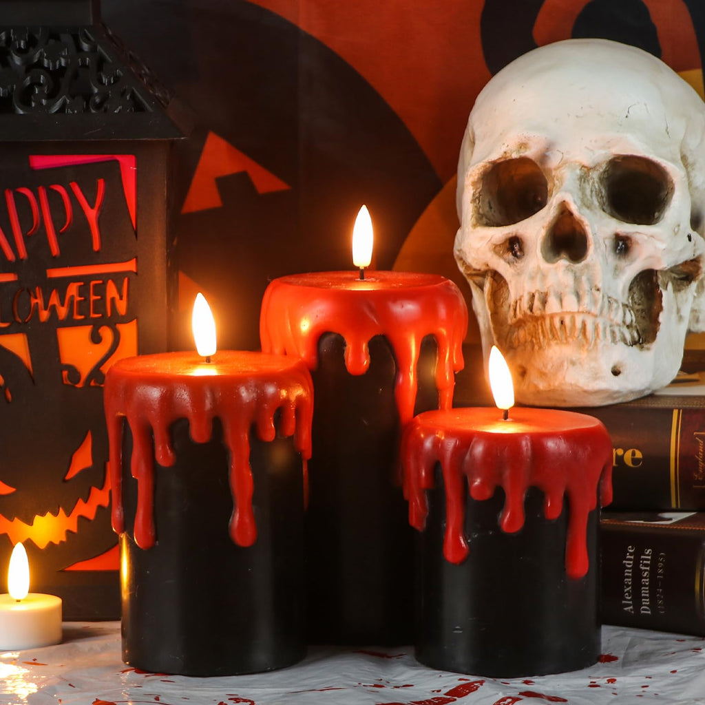 Eldnacele Halloween LED Flameless Flickering Candles Battery Operated with 6H Timer Skull Spider Web Crow Raven Spooky Decals Halloween Themed Indoor Decoration(3 Pack, D3 x H6) - Halloween Happy