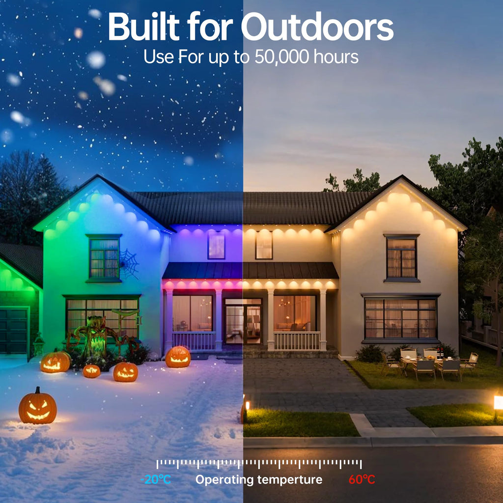 Permanent Outdoor Lights 150ft RGB+IC Outdoor String Lights App Control IP67 Waterproof,100 Scene Modes Home for Christmas,Halloween,Holiday, Daily,Birthday Decor - Halloween Happy