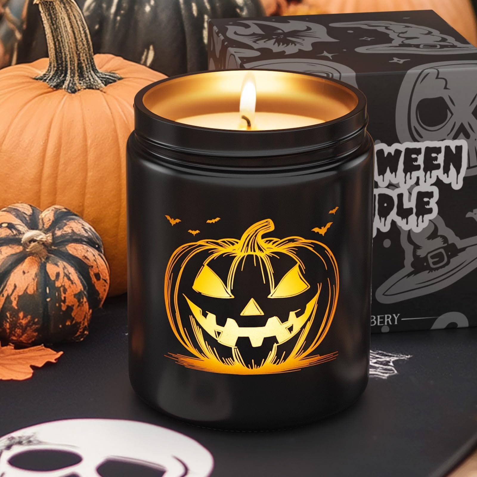 Halloween Candle Set, 4 Pack Scented Candles Gift with Pumpkin|Skull|Ghost|Witch|, 80H Lasting Burn Candles for Halloween Decorations Indoor, Candle Gift Set for Holiday - Halloween Happy