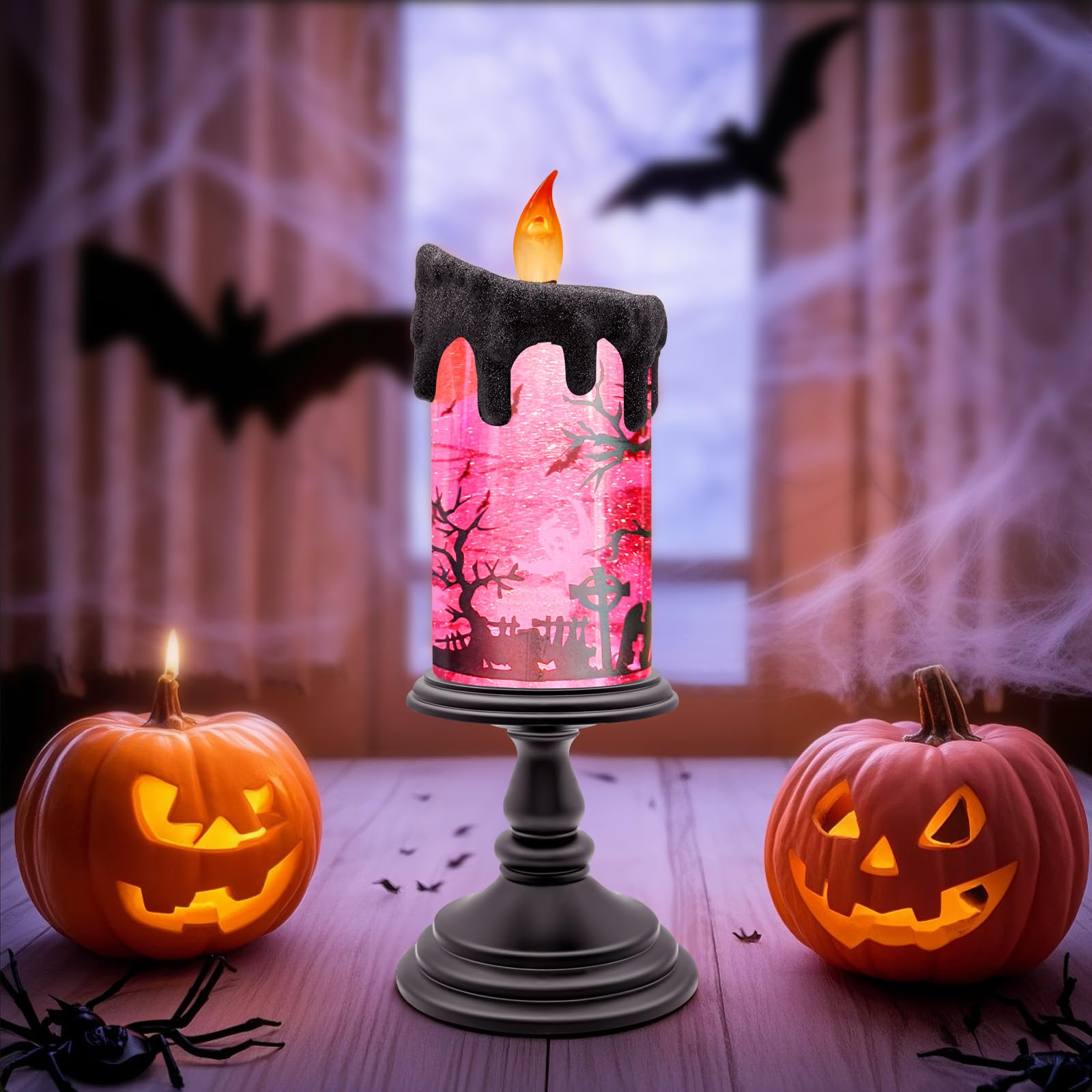 Halloween Snow Globe Flameless Candle – Lighted Halloween Glitter Lantern with Spinning Water and Timer, Pumpkin & Bat Scene Halloween Decor for Home, Party, Table Centerpiece - Halloween Happy