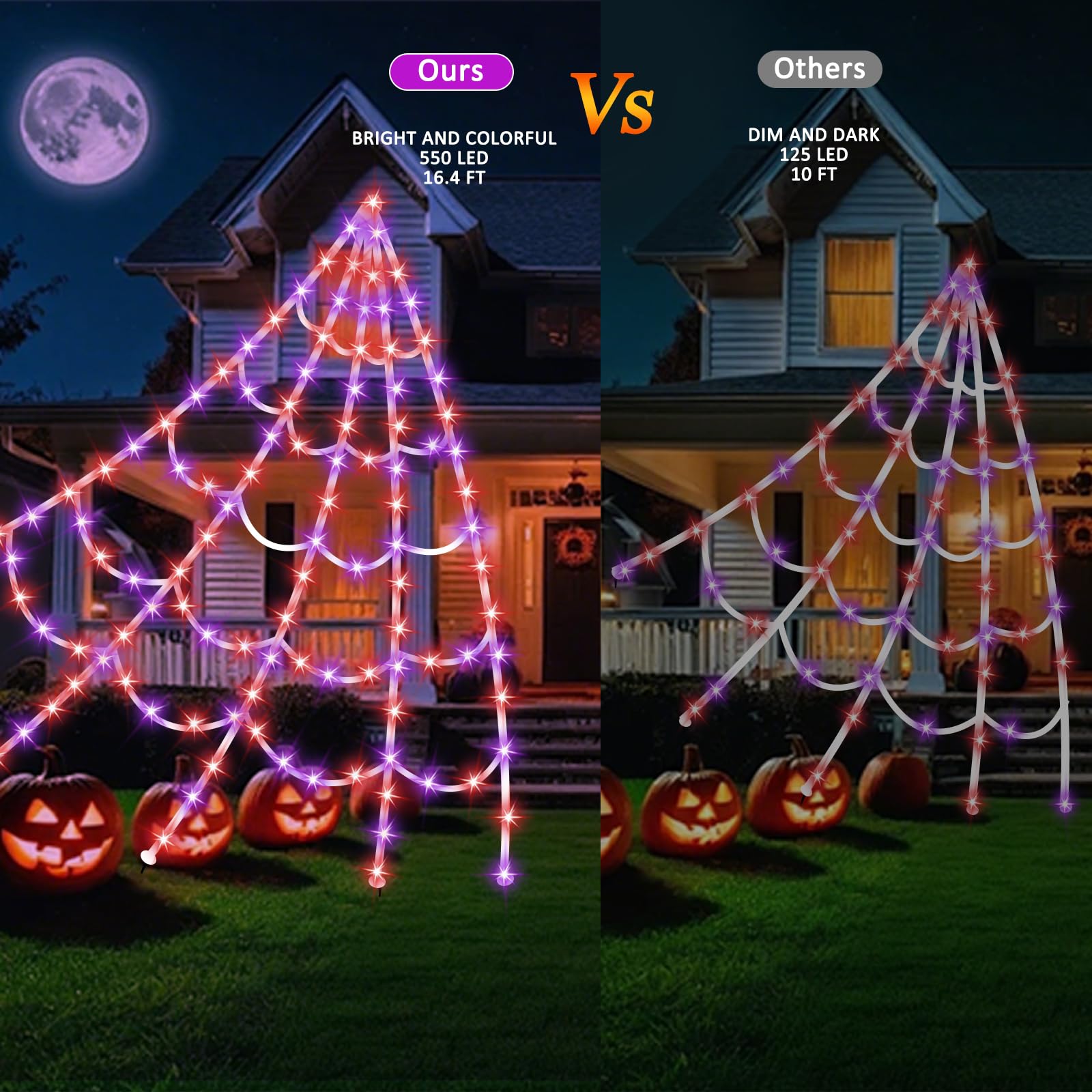 Halloween Spider Web Lights 550 LED Lighted Spider Web 16.4Ft Giant Halloween Decorations Light up with 8 Lighting Modes Waterproof & Timer for Indoor Outdoor House Haunted Yard Decor, Purple & Orange - Halloween Happy