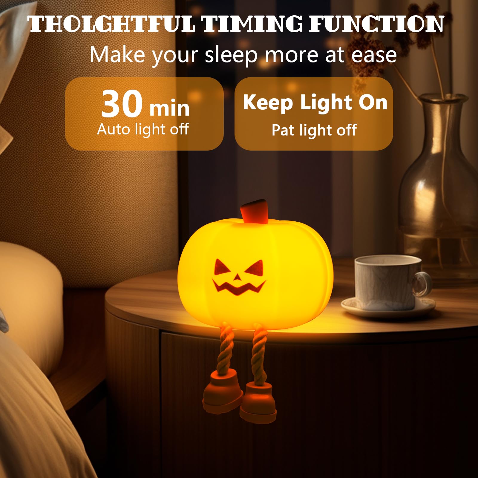 Pumpkin Night Light, Cute LED Lamp, Silicone Dimmable Nursery Nightlight for Kids, Silicone Rechargeable Bedside Touch Lamp, Funny Office Desk and Halloween Decor for Woman and Kids - Halloween Happy