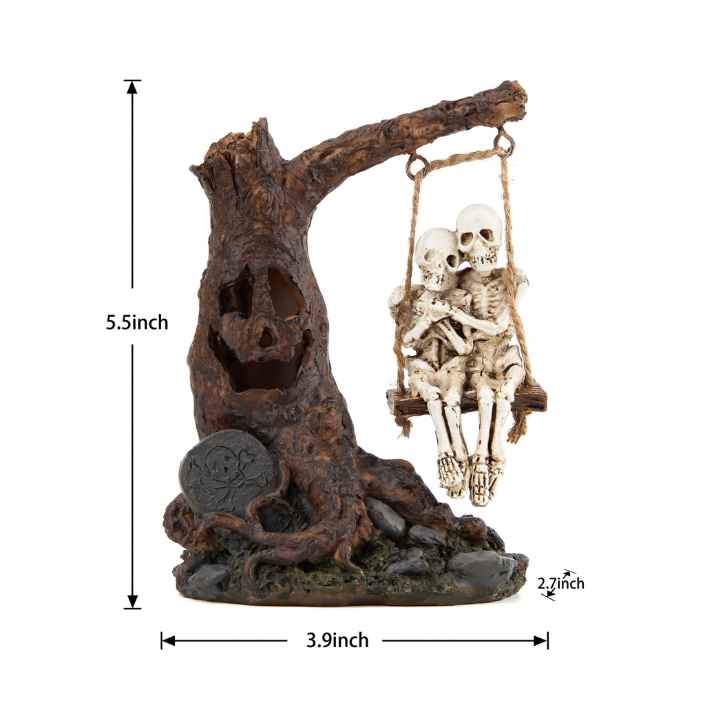 Halloween Skull Statue with Spooky LED Light for Holiday Decorations, Halloween Decor with Romantic Skeleton Couple on Swing Tombstone Tree, Grinning Skull Decor Props Haunted Collectible Gift - Halloween Happy