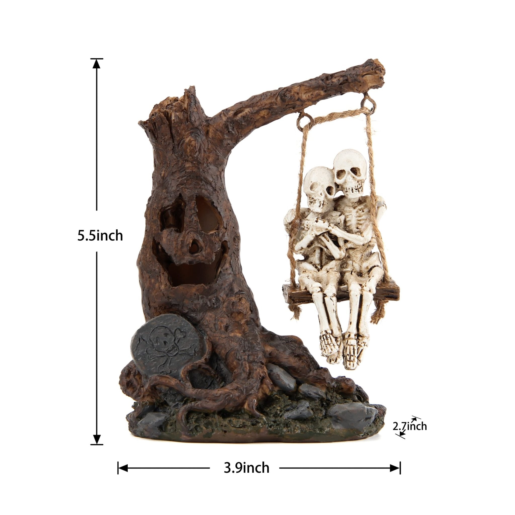 Halloween Skull Statue with Spooky LED Light for Holiday Decorations, Halloween Decor with Romantic Skeleton Couple on Swing Tombstone Tree, Grinning Skull Decor Props Haunted Collectible Gift - Halloween Happy