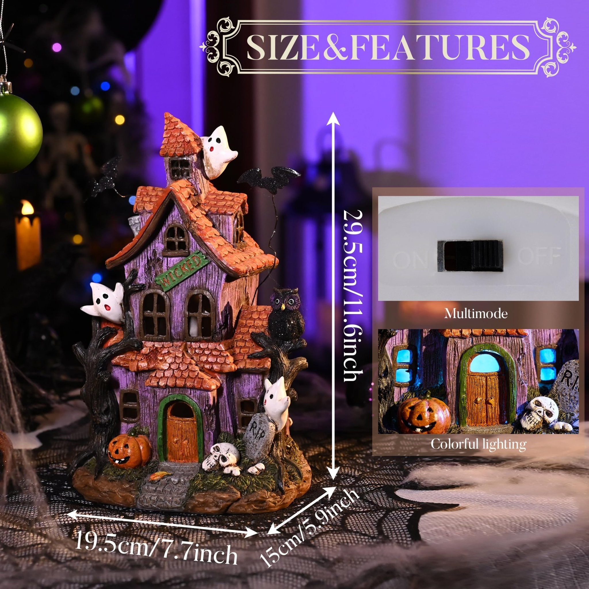 Valery Madelyn Halloween Decorations, Lighted Halloween Village Houses with LED Lights, Resin Spooky Town Happy Haunted House for Home and Party Table Desk Mantel, 9 Inch - Halloween Happy