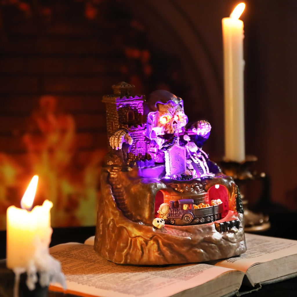 Halloween Village Houses Decorations, Lighted Haunted House with Animated Train and Scary Music, Resin Spooky Skull Village Collections for Holiday Party Table Indoor Home Decor - Halloween Happy