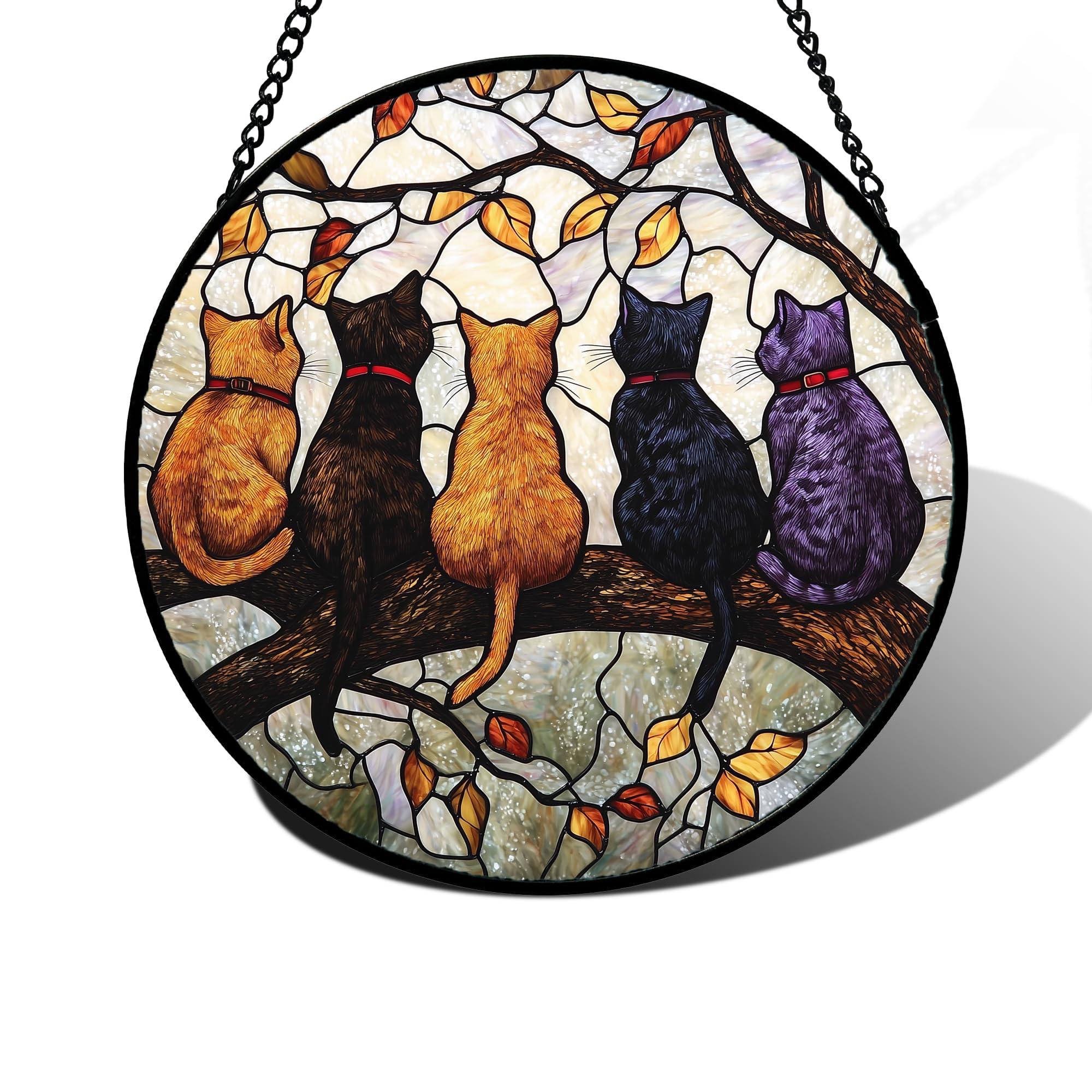 Stained Glass Window Hanging - Halloween Decoration Orange Pumpkin Vine Leaves Suncatcher for Door Garden Spooky Sun Catchers Gothic Decor Horror Gifts for Women Men Friend Boy Girl 6.3 in - Halloween Happy