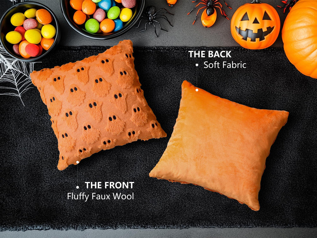 4TH Emotion Halloween Ghost Decorative Pillow Covers 18x18 Set of 2, White Soft Plush Faux Fur Farmhouse Throw Cushion Cases for Fall Autumn Holiday Home Decorations - Halloween Happy