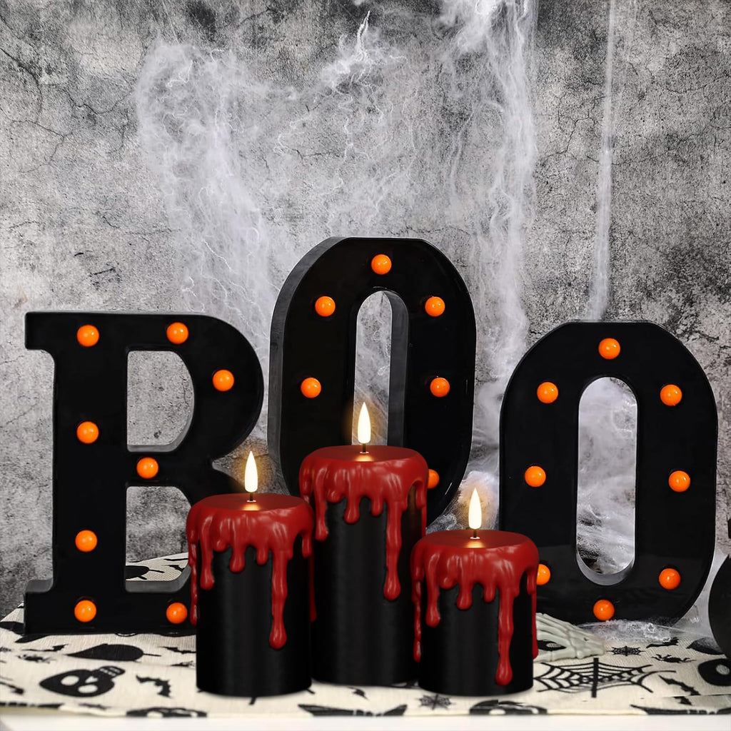 Eldnacele Halloween LED Flameless Flickering Candles Battery Operated with 6H Timer Skull Spider Web Crow Raven Spooky Decals Halloween Themed Indoor Decoration(3 Pack, D3 x H6) - Halloween Happy