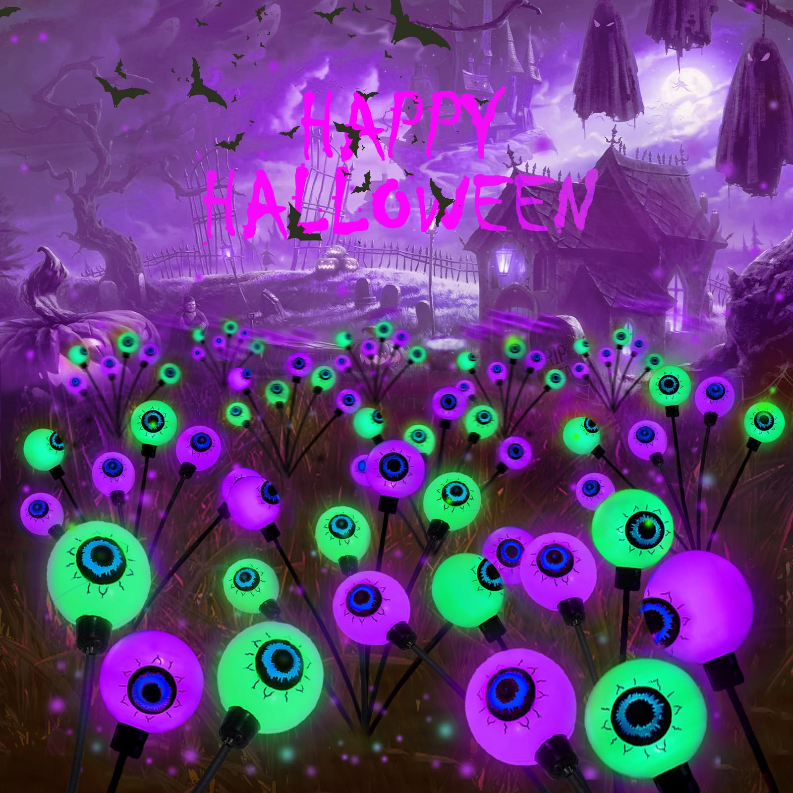 6 Pack Solar Eyeball Lights for Halloween Decorations Outdoor, 36 LED Green Eyeball Solar Halloween Lights, Waterproof Swaying Firefly Lights with 2 Modes for Pathway Patio Yard Lawn Garden Decor - Halloween Happy