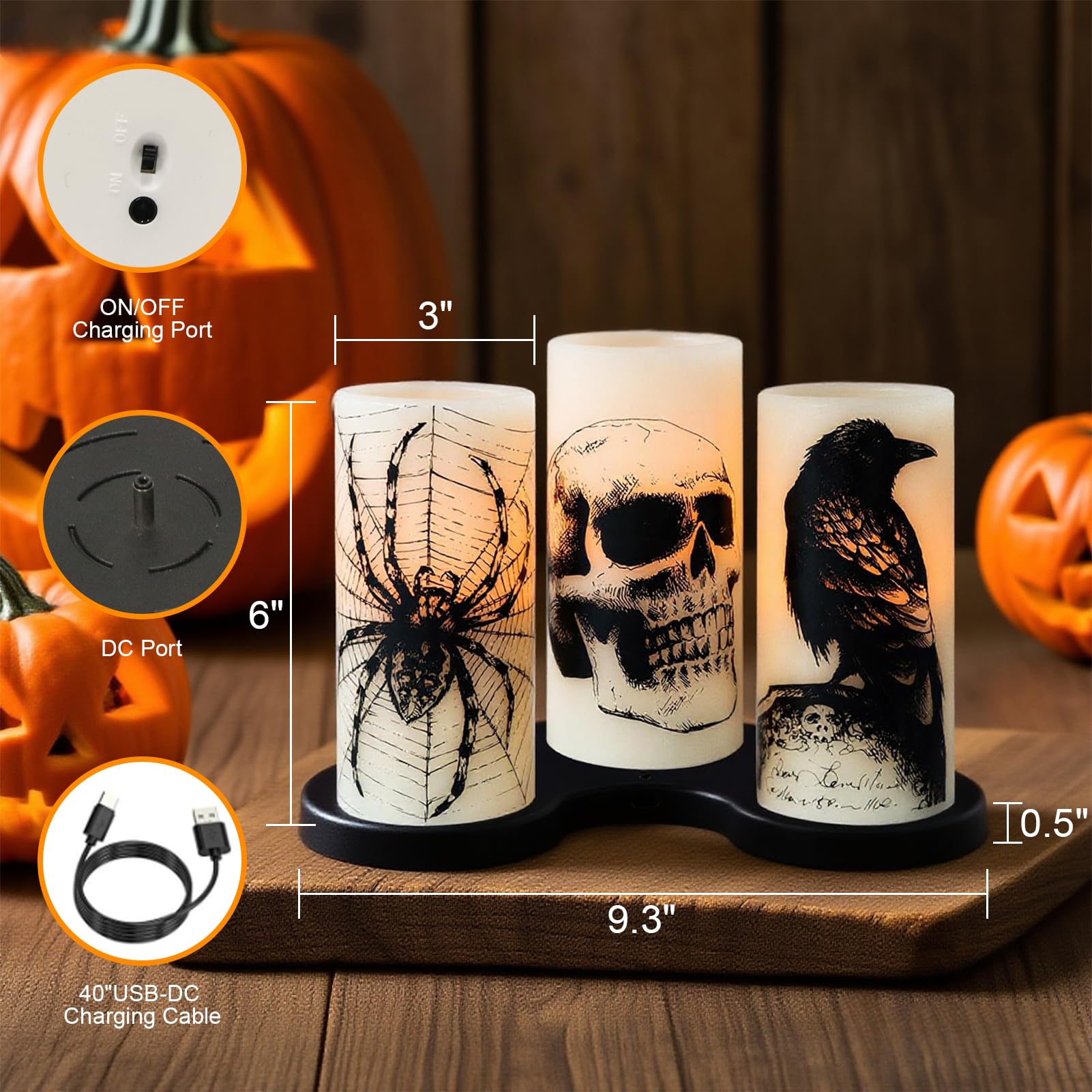 Eldnacele Halloween LED Flameless Flickering Candles Battery Operated with 6H Timer Skull Spider Web Crow Raven Spooky Decals Halloween Themed Indoor Decoration(3 Pack, D3 x H6) - Halloween Happy