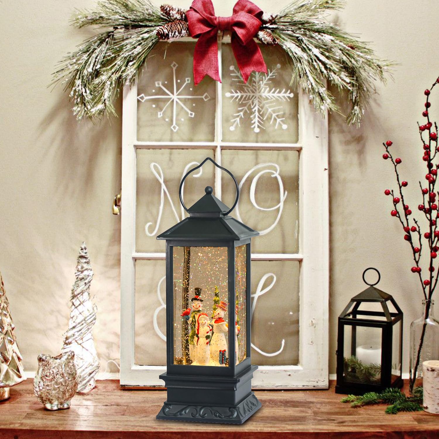 Eldnacele Halloween Ghost Projection Snow Globe Lantern with 6 - Hour Timer, Lighted Plug - in & Battery Operated Water Glittering Snowing Globe Lamp for Spooky Fall Halloween Indoor Decoration(Skeleton) - Halloween Happy