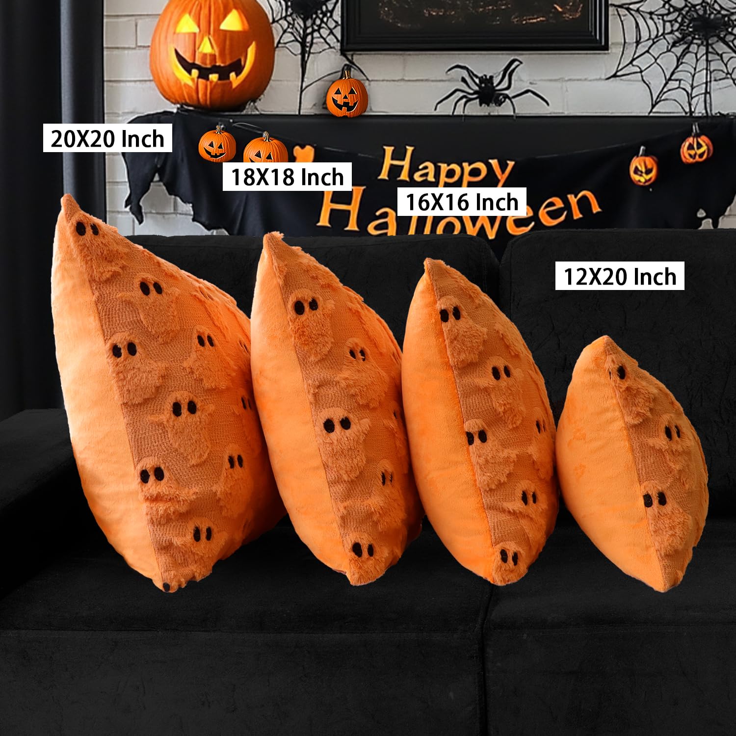 4TH Emotion Halloween Ghost Decorative Pillow Covers 18x18 Set of 2, White Soft Plush Faux Fur Farmhouse Throw Cushion Cases for Fall Autumn Holiday Home Decorations - Halloween Happy