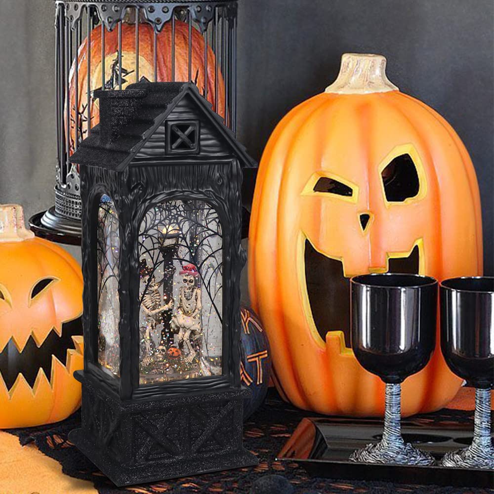 Eldnacele Halloween Ghost Projection Snow Globe Lantern with 6 - Hour Timer, Lighted Plug - in & Battery Operated Water Glittering Snowing Globe Lamp for Spooky Fall Halloween Indoor Decoration(Skeleton) - Halloween Happy