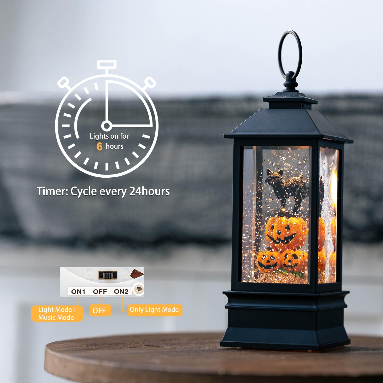 Halloween Snow Globe Lantern Water Glittering Spooky Witch' s Black Cat in Pumpkins with Music, USB Lined/Battery Operated Lighted Lantern for Halloween Festival Decoration Gifts - Halloween Happy