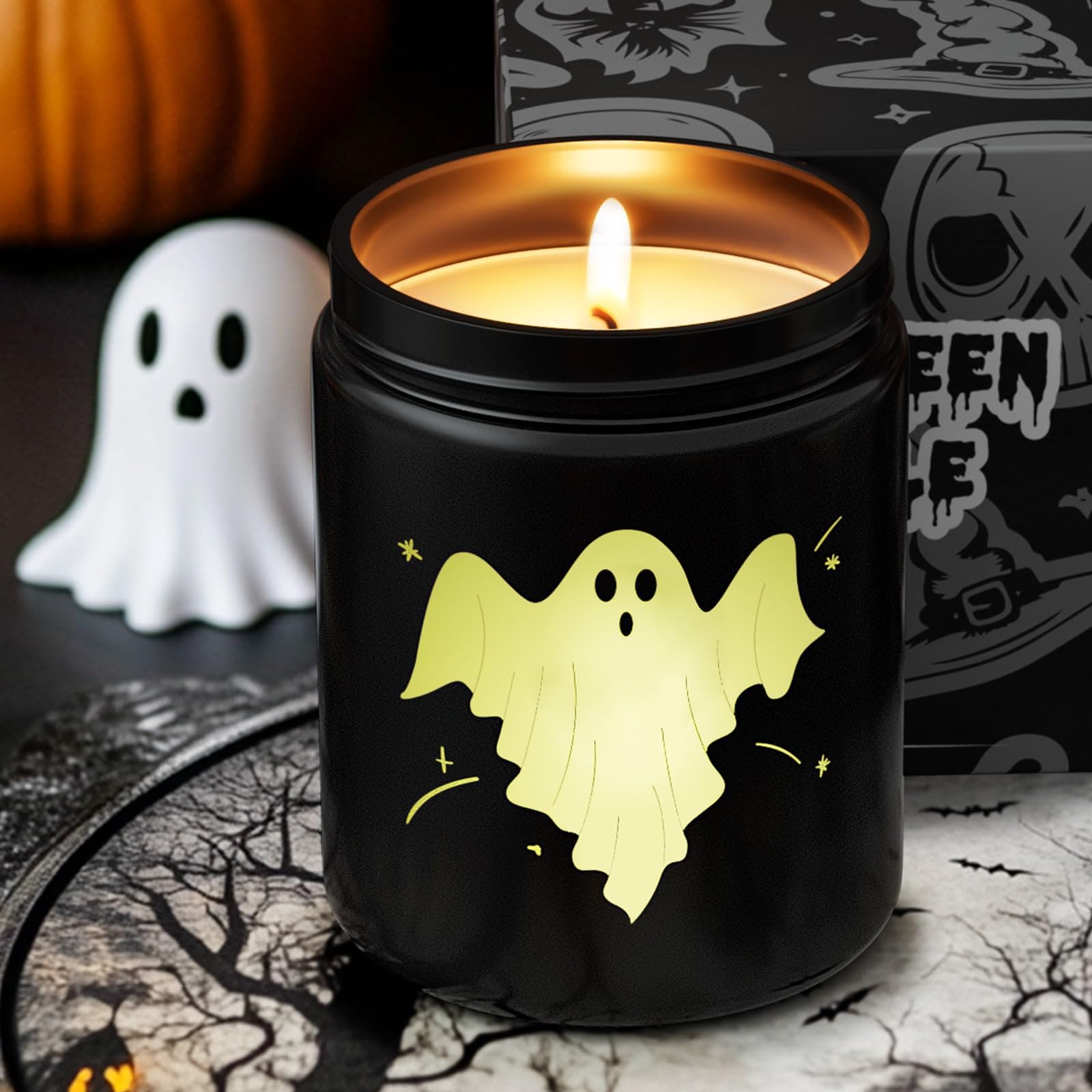 Halloween Candle Set, 4 Pack Scented Candles Gift with Pumpkin|Skull|Ghost|Witch|, 80H Lasting Burn Candles for Halloween Decorations Indoor, Candle Gift Set for Holiday - Halloween Happy