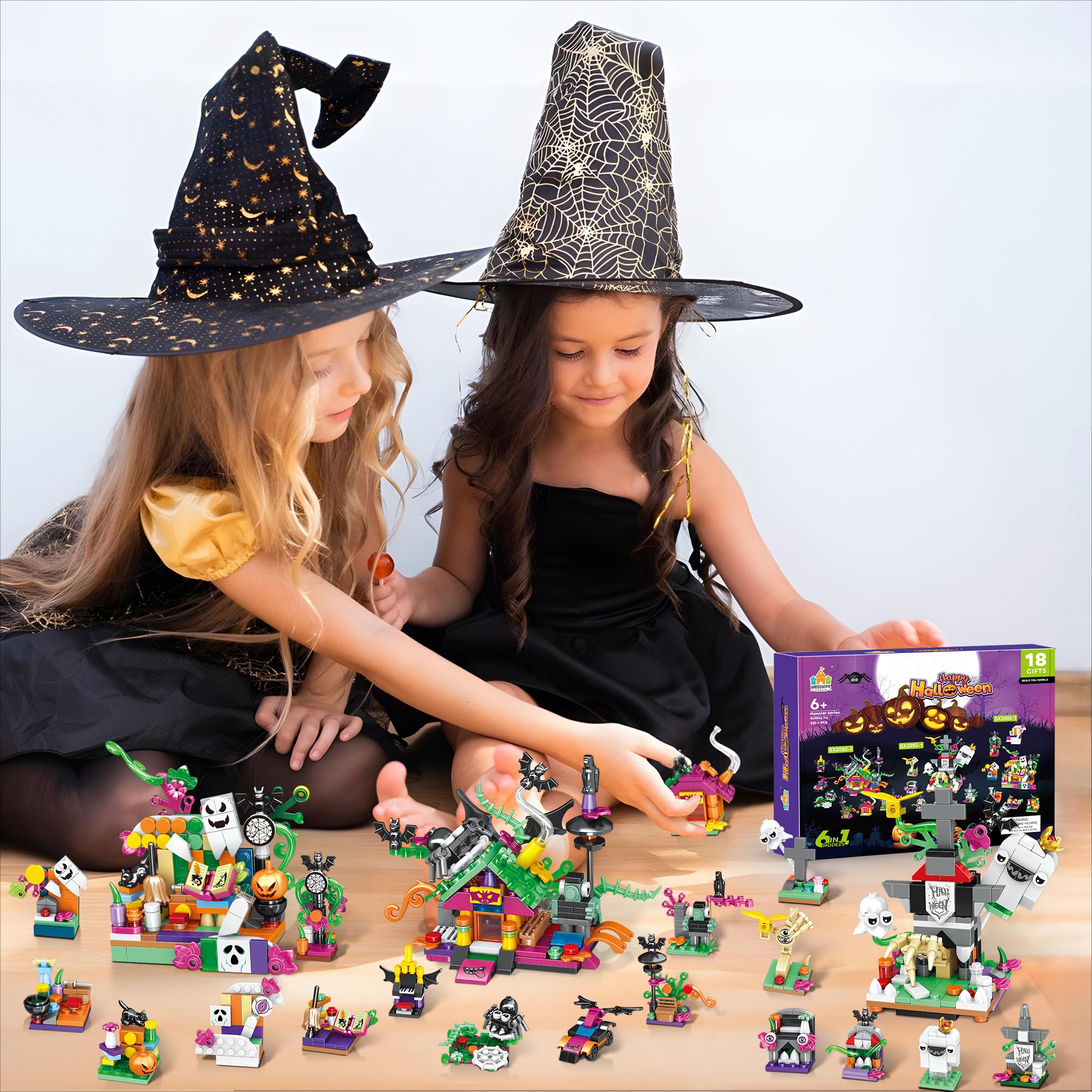 Halloween Building Set – Trick - or - Treat Toy for Kids, 6 - in - 1 Building Blocks with 18 Mini Packs, Pumpkin Patch, Ghost & Bat Scenes, Glow Tattoos, Pretend Play, Halloween Party Favors, Boys & Girls 6+ - Halloween Happy