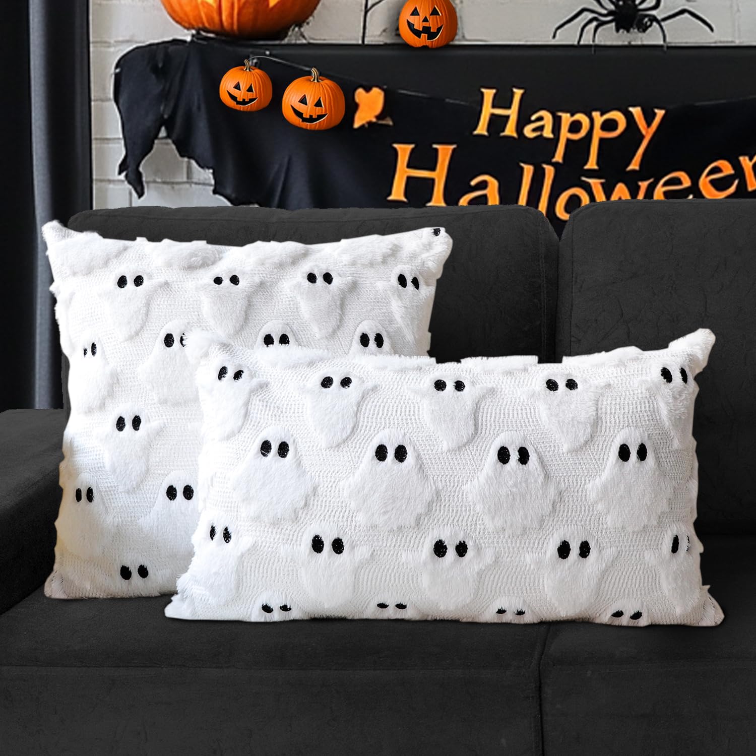 4TH Emotion Halloween Ghost Decorative Pillow Covers 18x18 Set of 2, White Soft Plush Faux Fur Farmhouse Throw Cushion Cases for Fall Autumn Holiday Home Decorations - Halloween Happy