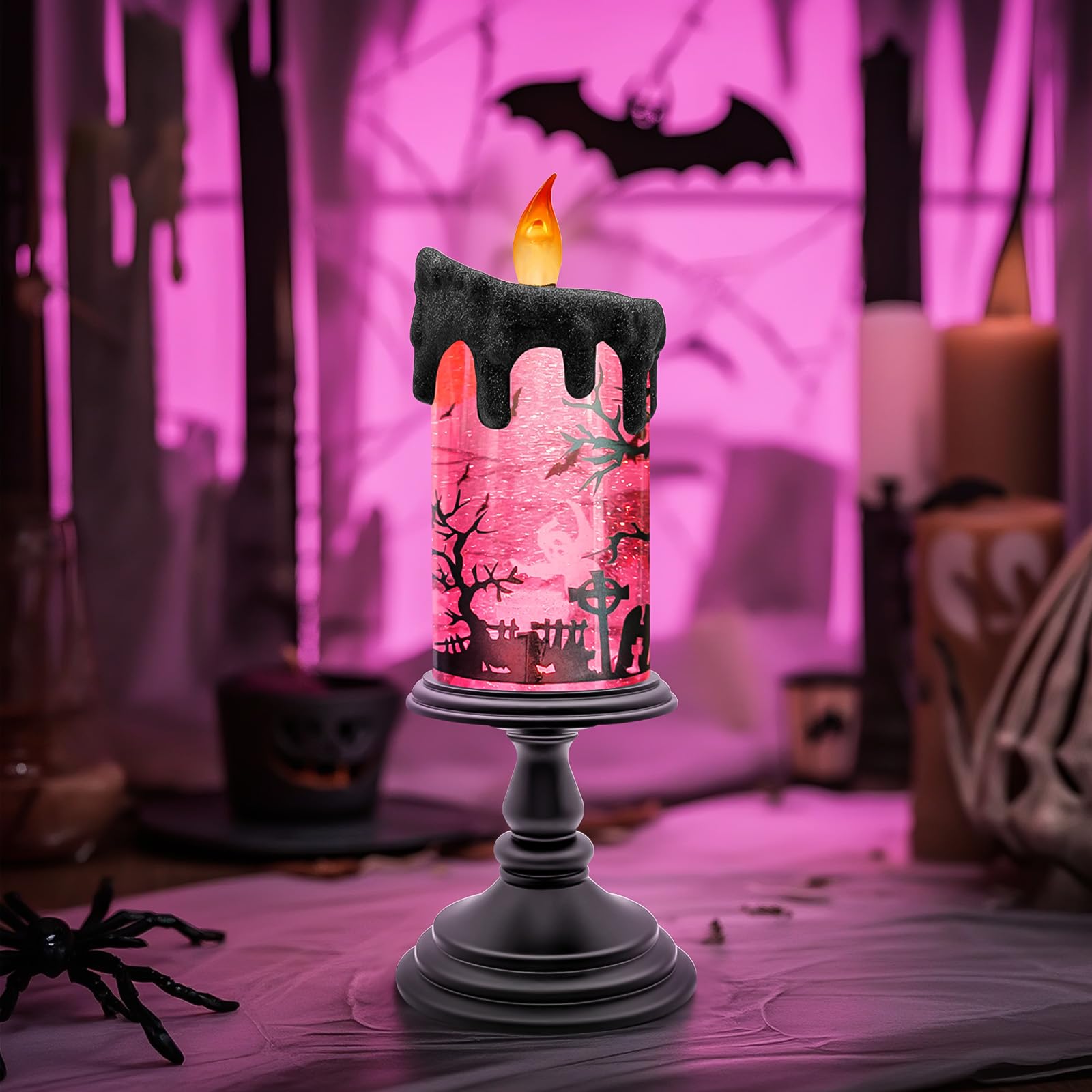 Halloween Snow Globe Flameless Candle – Lighted Halloween Glitter Lantern with Spinning Water and Timer, Pumpkin & Bat Scene Halloween Decor for Home, Party, Table Centerpiece - Halloween Happy