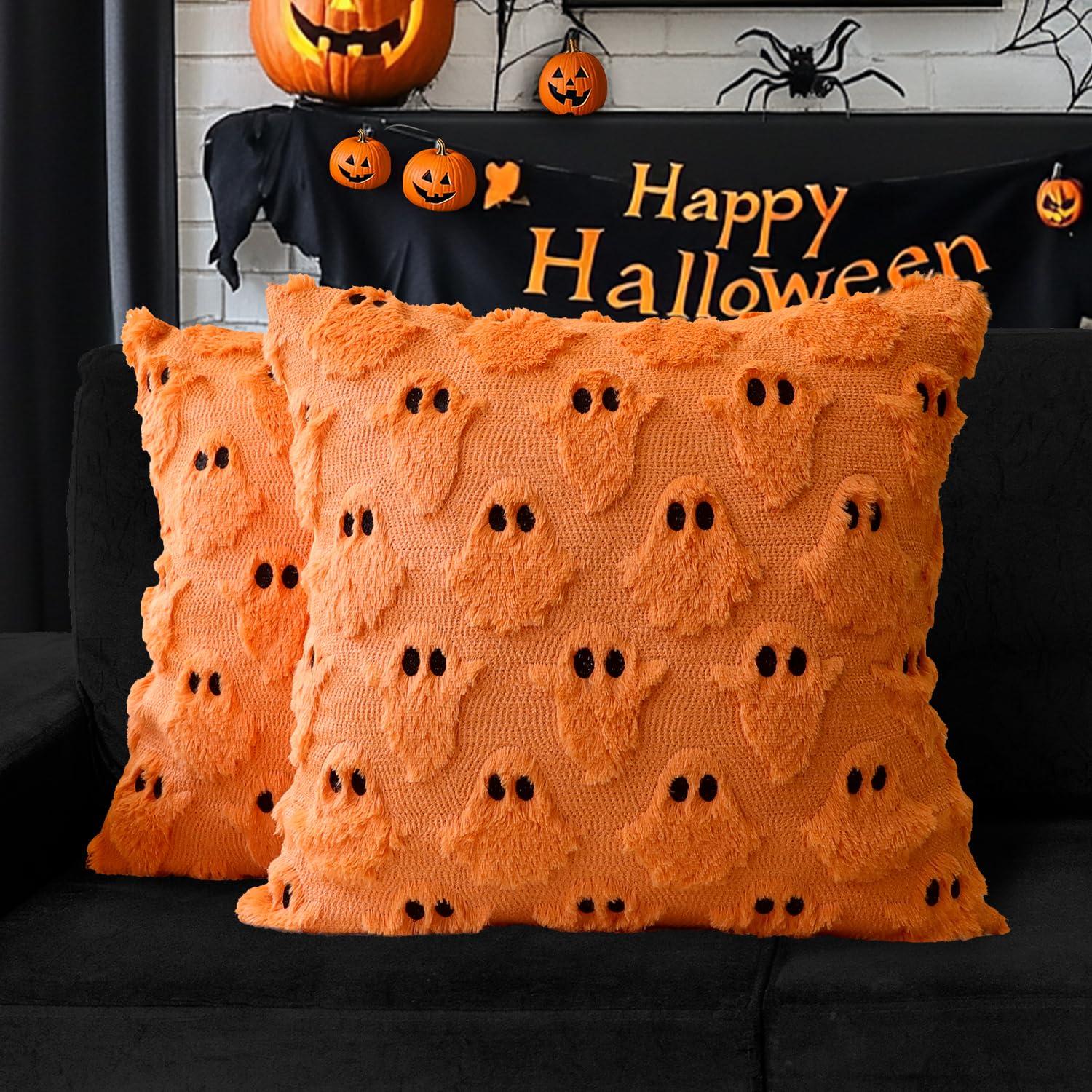 4TH Emotion Halloween Ghost Decorative Pillow Covers 18x18 Set of 2, White Soft Plush Faux Fur Farmhouse Throw Cushion Cases for Fall Autumn Holiday Home Decorations - Halloween Happy