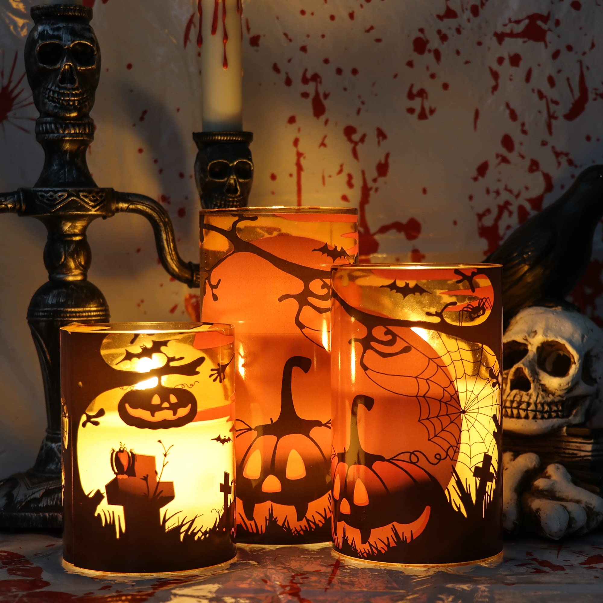 Eldnacele Halloween LED Flameless Flickering Candles Battery Operated with 6H Timer Skull Spider Web Crow Raven Spooky Decals Halloween Themed Indoor Decoration(3 Pack, D3 x H6) - Halloween Happy