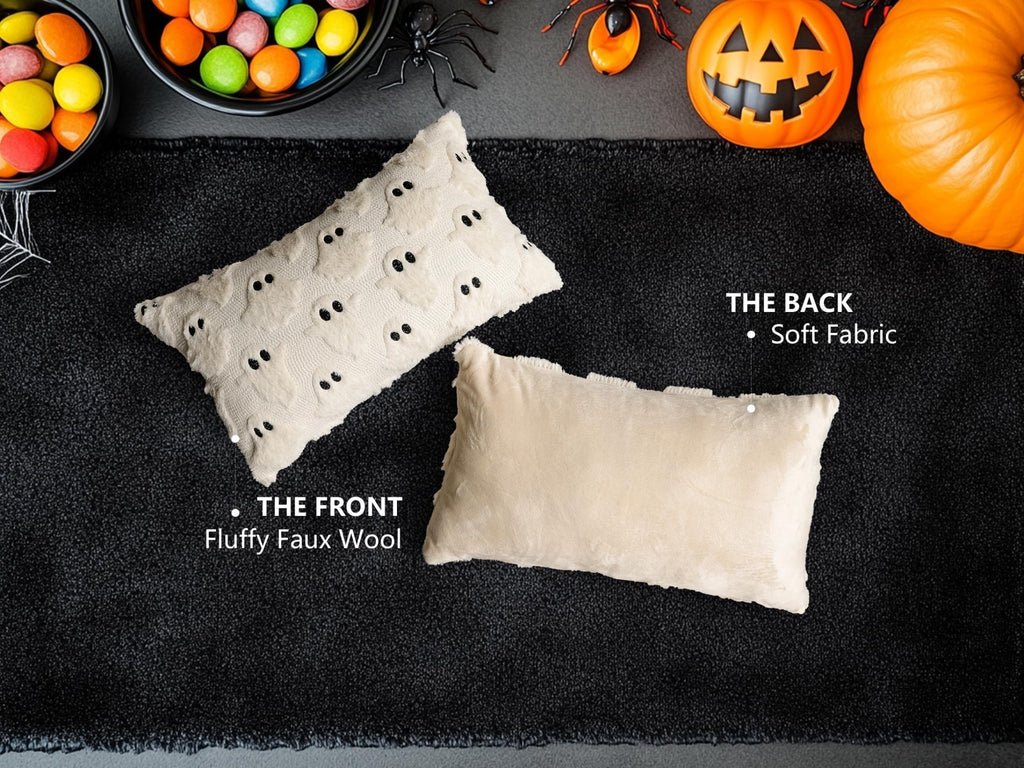 4TH Emotion Halloween Ghost Decorative Pillow Covers 18x18 Set of 2, White Soft Plush Faux Fur Farmhouse Throw Cushion Cases for Fall Autumn Holiday Home Decorations - Halloween Happy