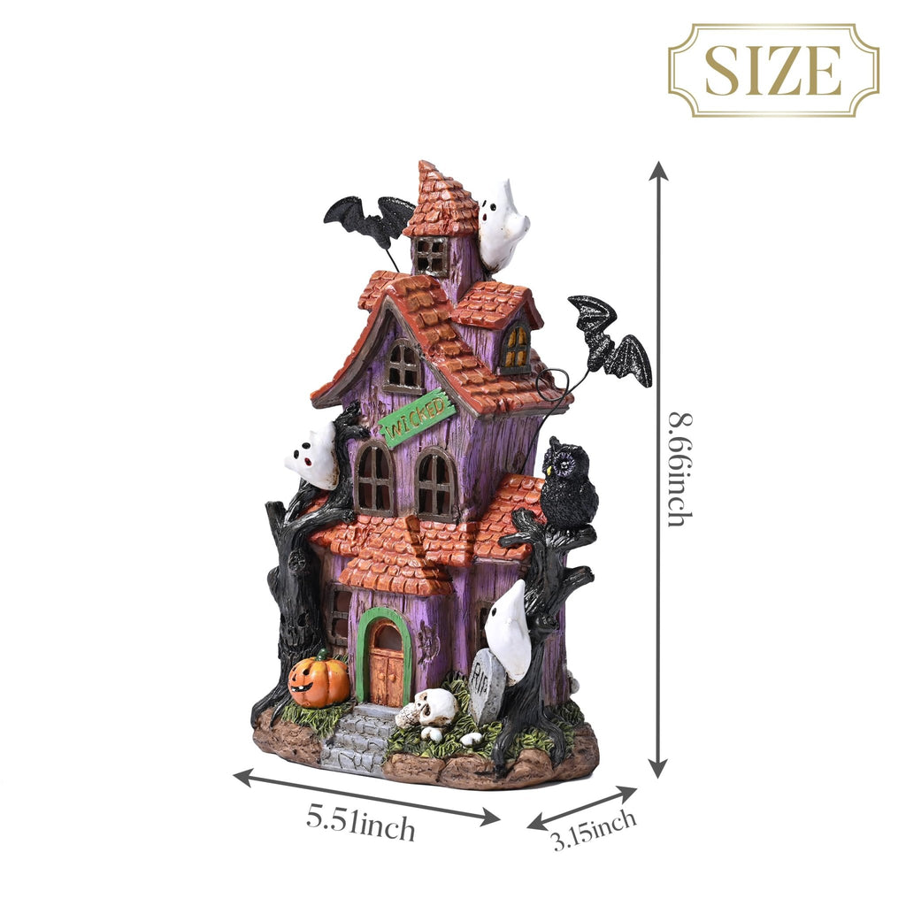 Valery Madelyn Halloween Decorations, Lighted Halloween Village Houses with LED Lights, Resin Spooky Town Happy Haunted House for Home and Party Table Desk Mantel, 9 Inch - Halloween Happy