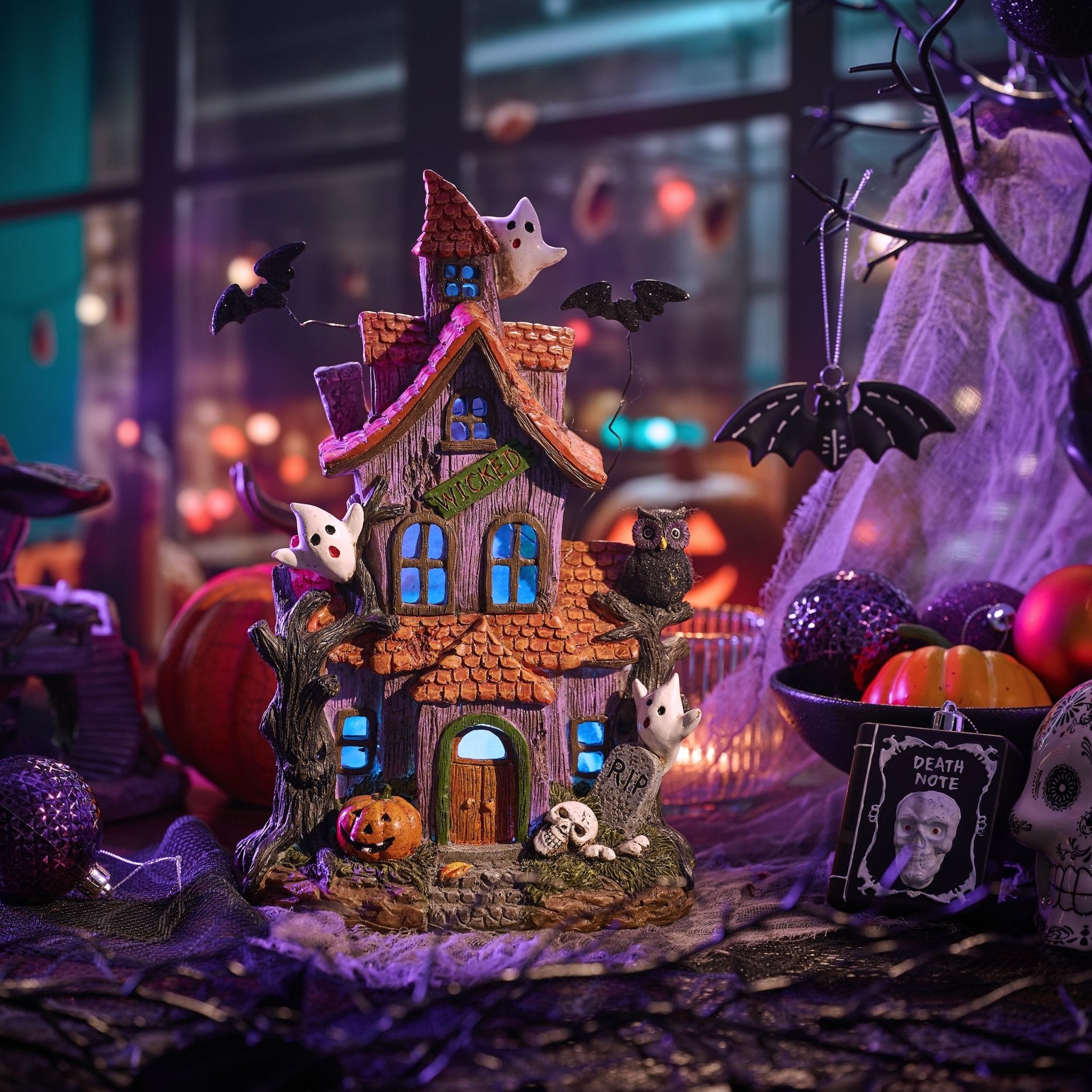 Valery Madelyn Halloween Decorations, Lighted Halloween Village Houses with LED Lights, Resin Spooky Town Happy Haunted House for Home and Party Table Desk Mantel, 9 Inch - Halloween Happy