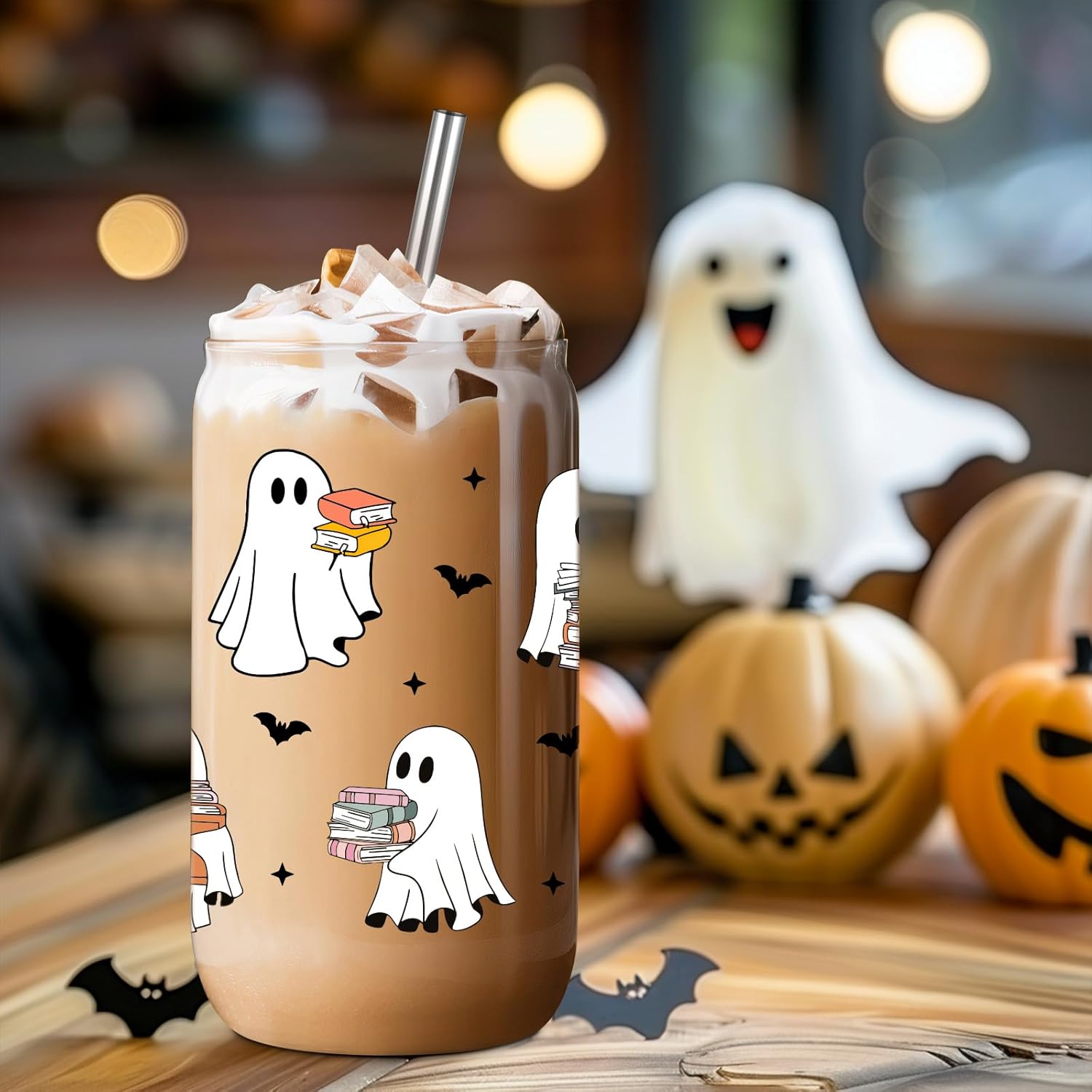 Fairy's Gift Ghost Reader Halloween Cup, Cute Spooky Gifts for Book Lovers, 16 oz Iced Coffee Tumbler Cup w/Lid Straw, Book Themed Bookworm Bookish Reading Halloween Gifts for Women Librarian Reader - Halloween Happy