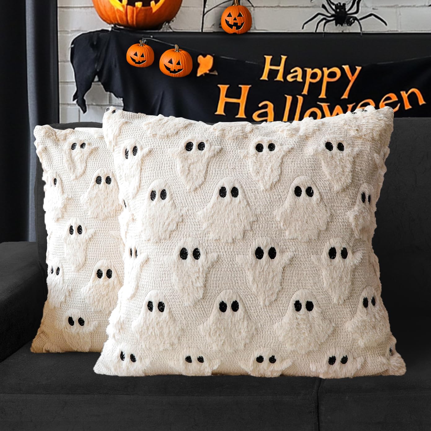 4TH Emotion Halloween Ghost Decorative Pillow Covers 18x18 Set of 2, White Soft Plush Faux Fur Farmhouse Throw Cushion Cases for Fall Autumn Holiday Home Decorations - Halloween Happy