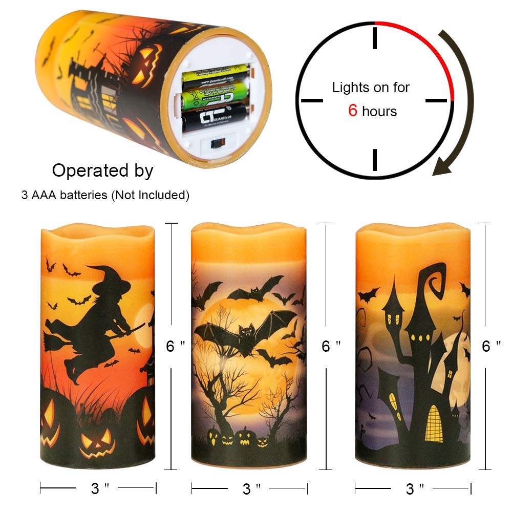 Eldnacele Halloween LED Flameless Flickering Candles Battery Operated with 6H Timer Skull Spider Web Crow Raven Spooky Decals Halloween Themed Indoor Decoration(3 Pack, D3 x H6) - Halloween Happy