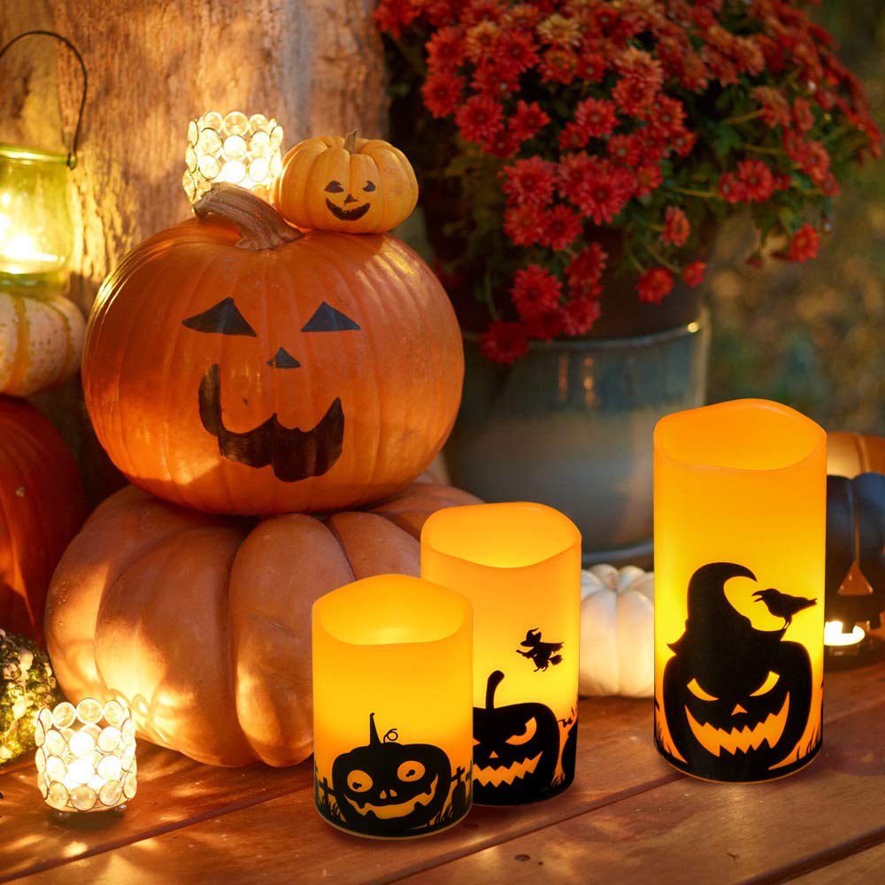 Eldnacele Halloween LED Flameless Flickering Candles Battery Operated with 6H Timer Skull Spider Web Crow Raven Spooky Decals Halloween Themed Indoor Decoration(3 Pack, D3 x H6) - Halloween Happy