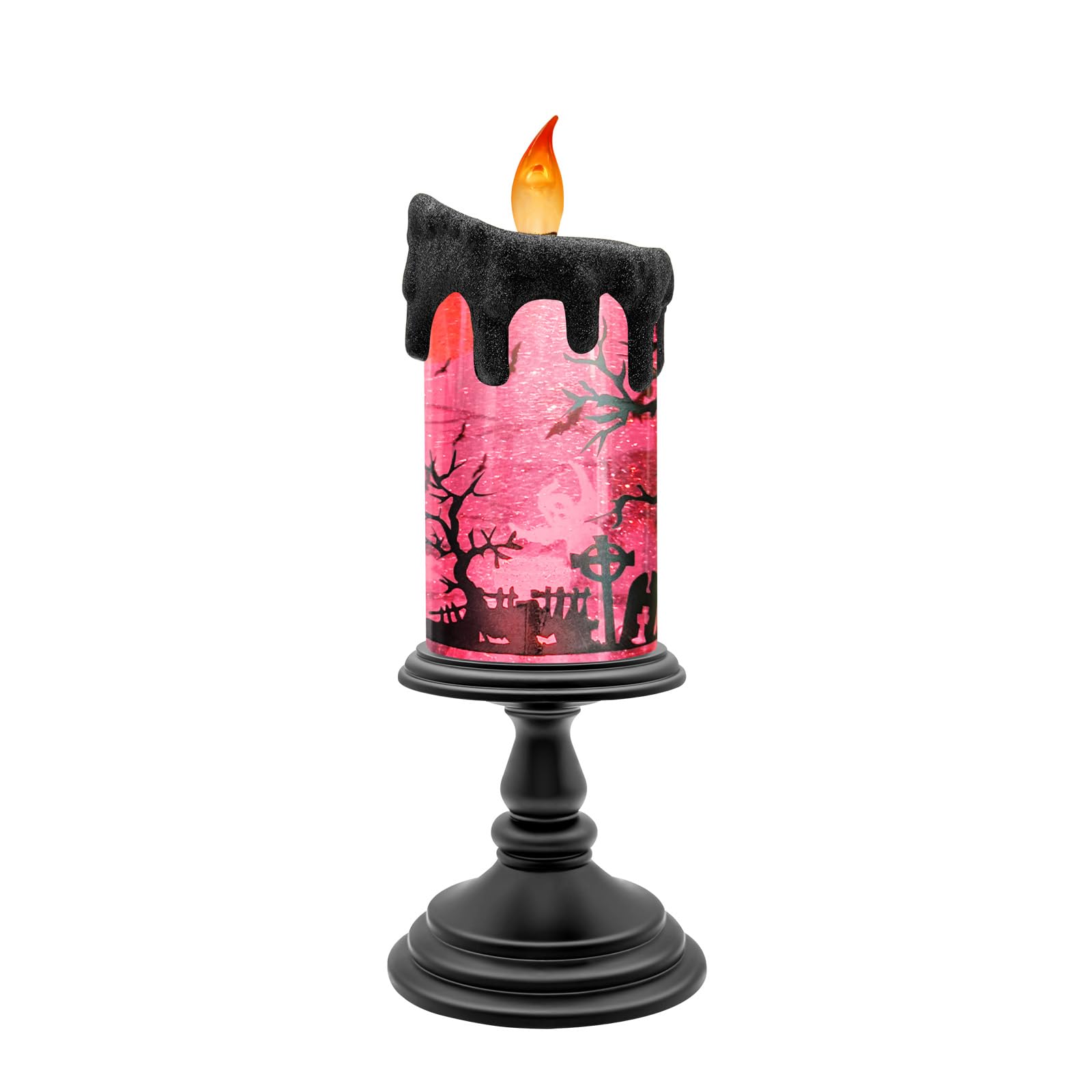 Halloween Snow Globe Flameless Candle – Lighted Halloween Glitter Lantern with Spinning Water and Timer, Pumpkin & Bat Scene Halloween Decor for Home, Party, Table Centerpiece - Halloween Happy