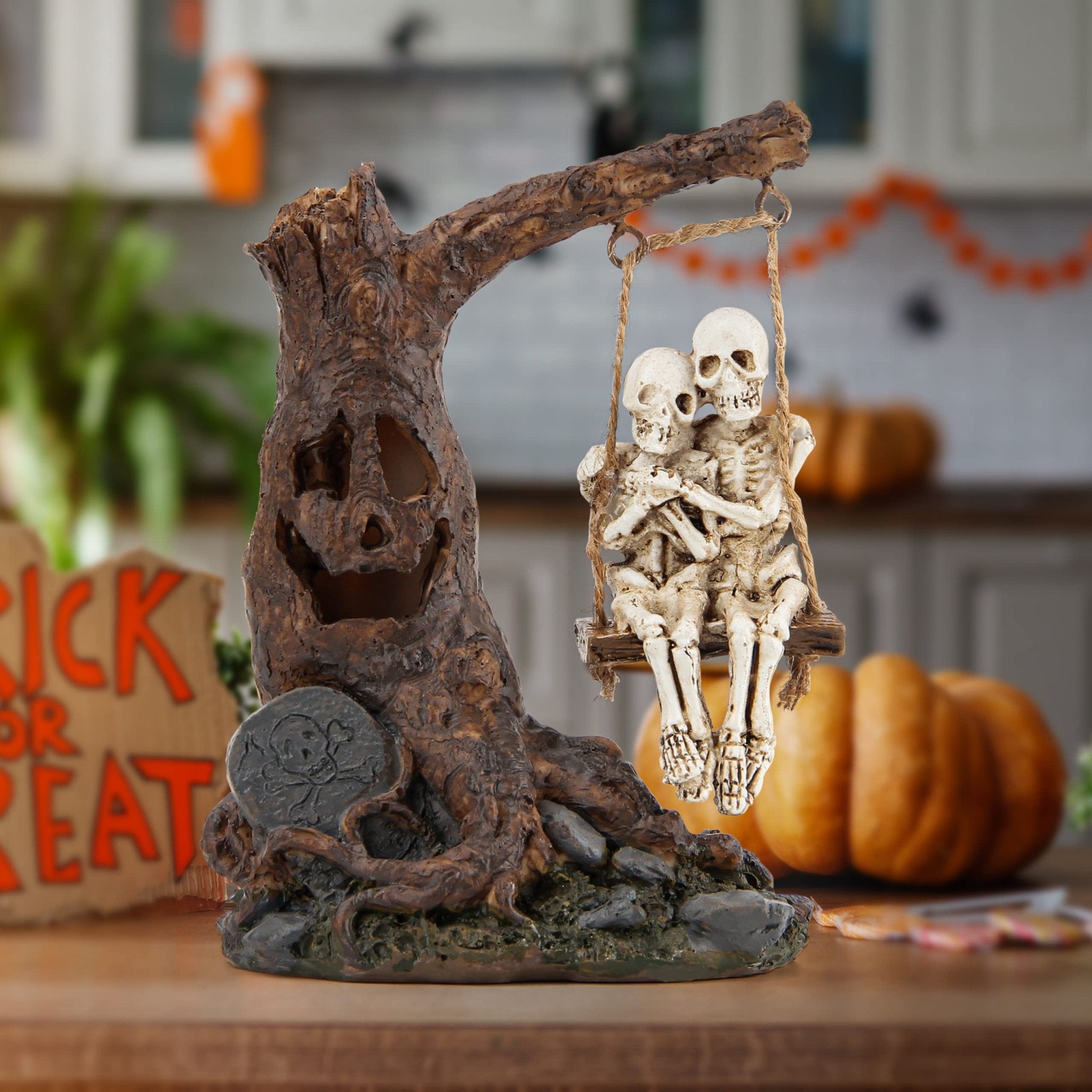 Halloween Skull Statue with Spooky LED Light for Holiday Decorations, Halloween Decor with Romantic Skeleton Couple on Swing Tombstone Tree, Grinning Skull Decor Props Haunted Collectible Gift - Halloween Happy